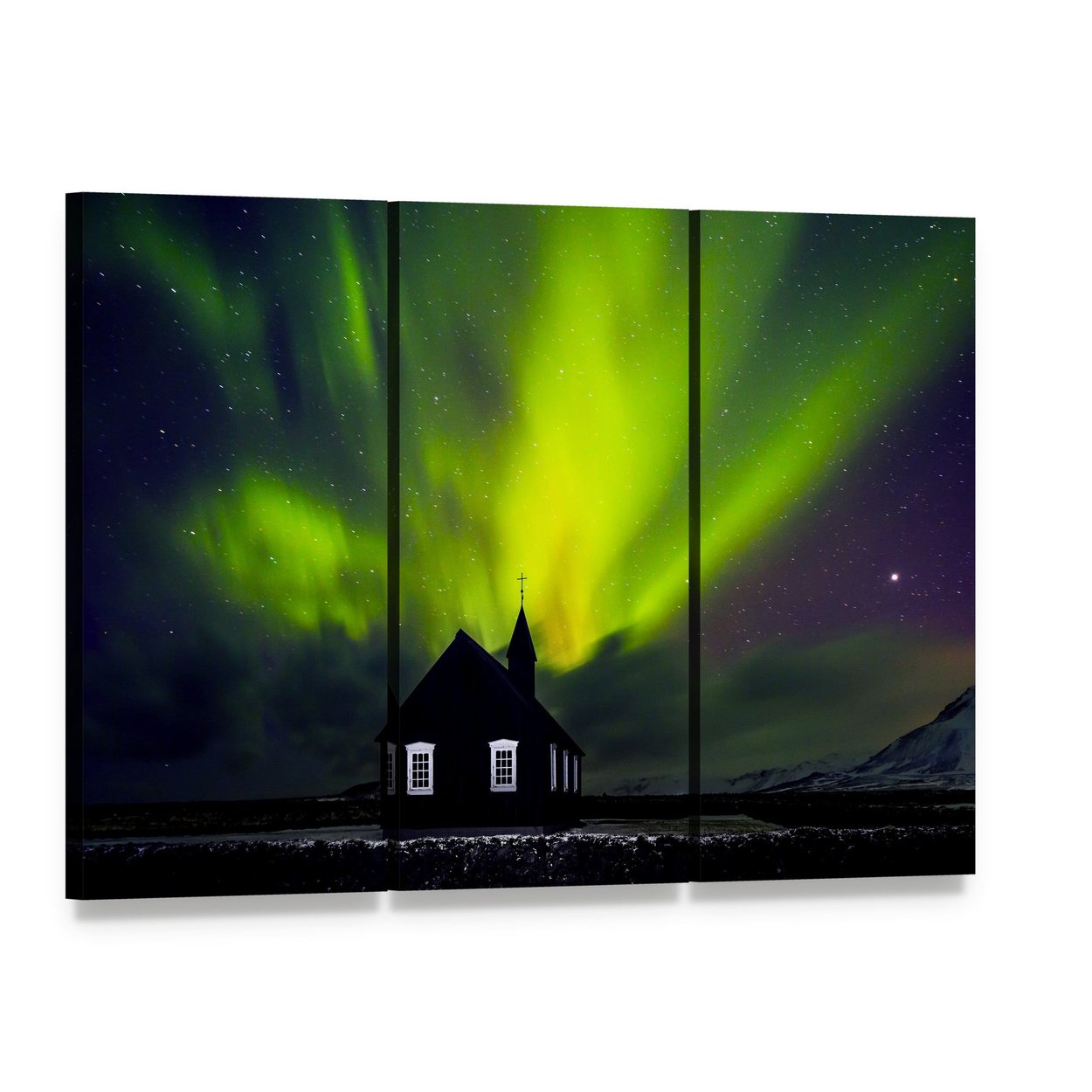 Aurora Over Black Church at Night Canvas Wall Art, 3 panel 3 Horizontal layout gallery wrapped canvas set, angled product view