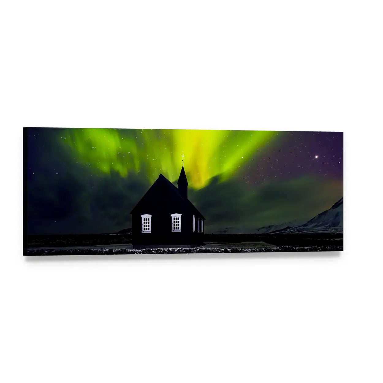 Green Northern Lights Over Church Panoramic Canvas Wall Art, single panel gallery wrapped canvas, angled product view