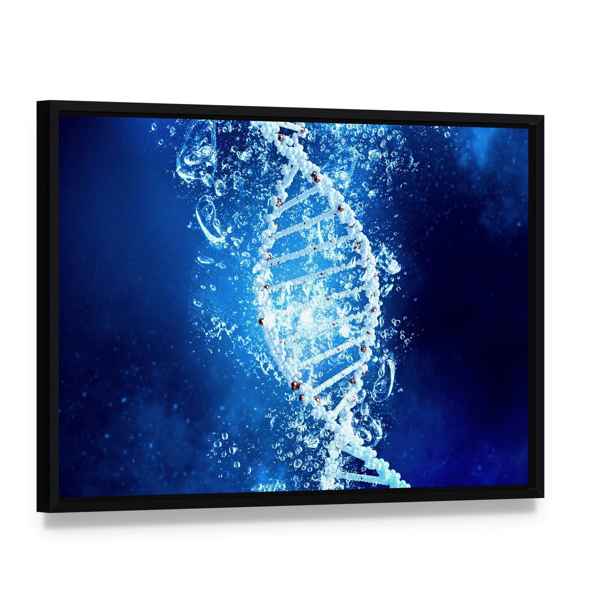 Dna Molecule in Water Canvas Wall Art, framed canvas in a black floater frame, angled product view