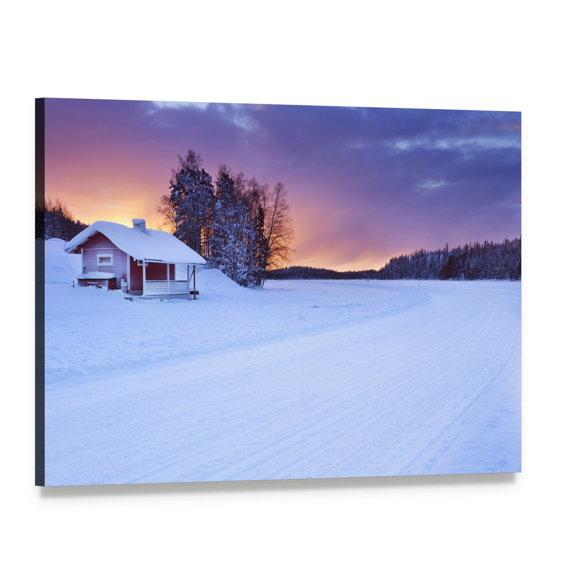 Red Cabin by Frozen Lake at Sunset Canvas Wall Art, single panel gallery wrapped canvas, angled product view