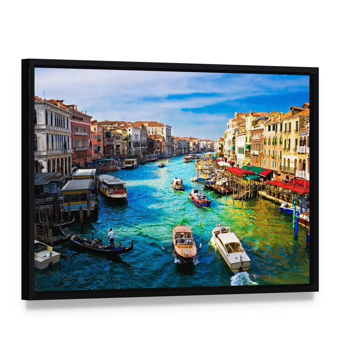 Grand Canal in Venice Canvas Wall Art, framed canvas in a black floater frame, angled product view