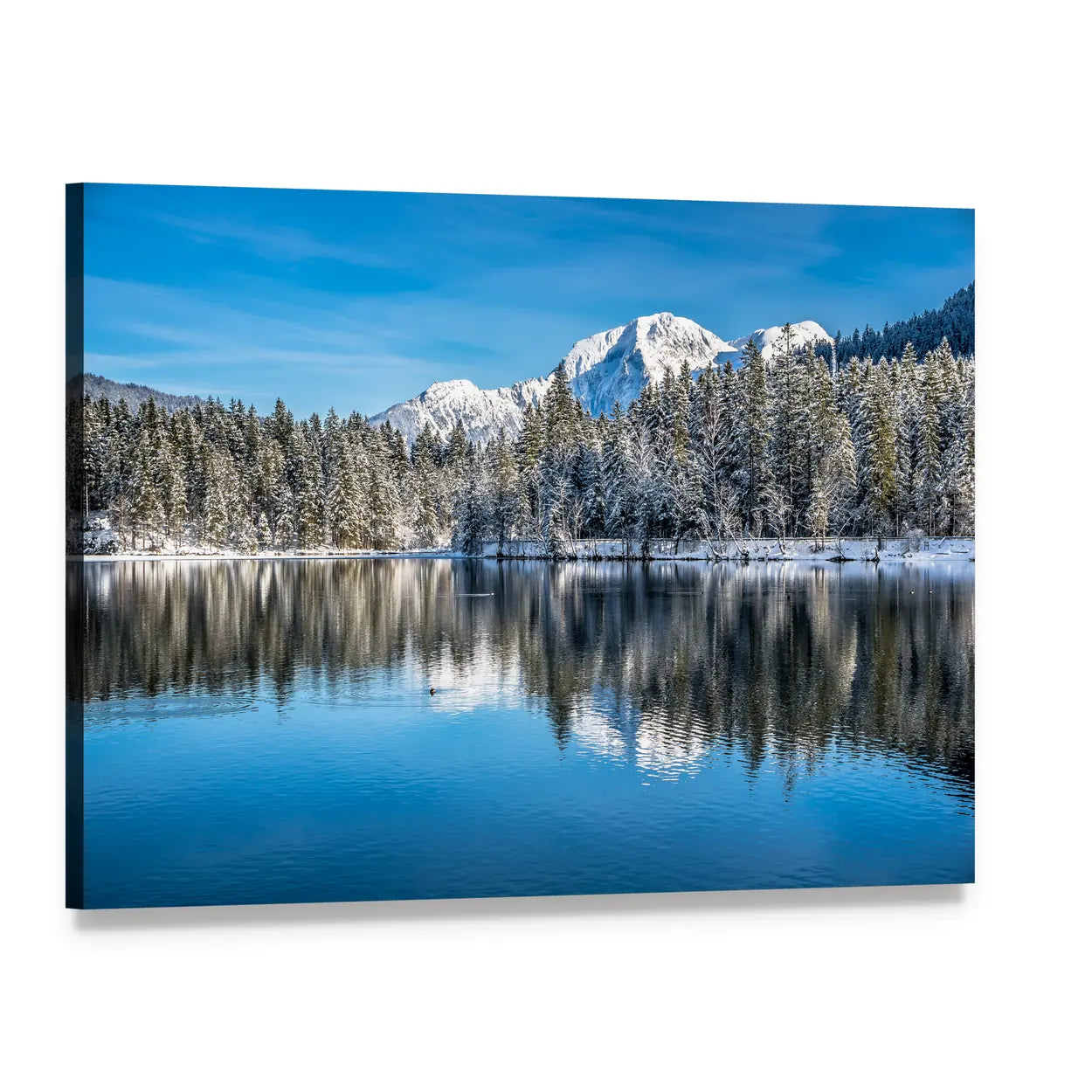 Winter Lake with Snowy Mountains Canvas Wall Art, single panel gallery wrapped canvas, angled product view