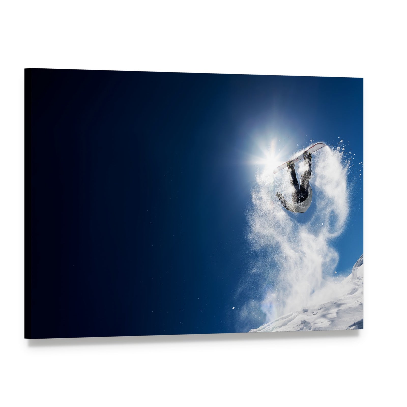 Snowboarder Making High Jump Canvas Wall Art, single panel gallery wrapped canvas, angled product view