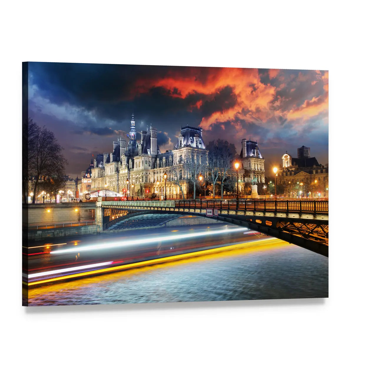 Paris City Hall at Night Canvas Wall Art, single panel gallery wrapped canvas, angled product view