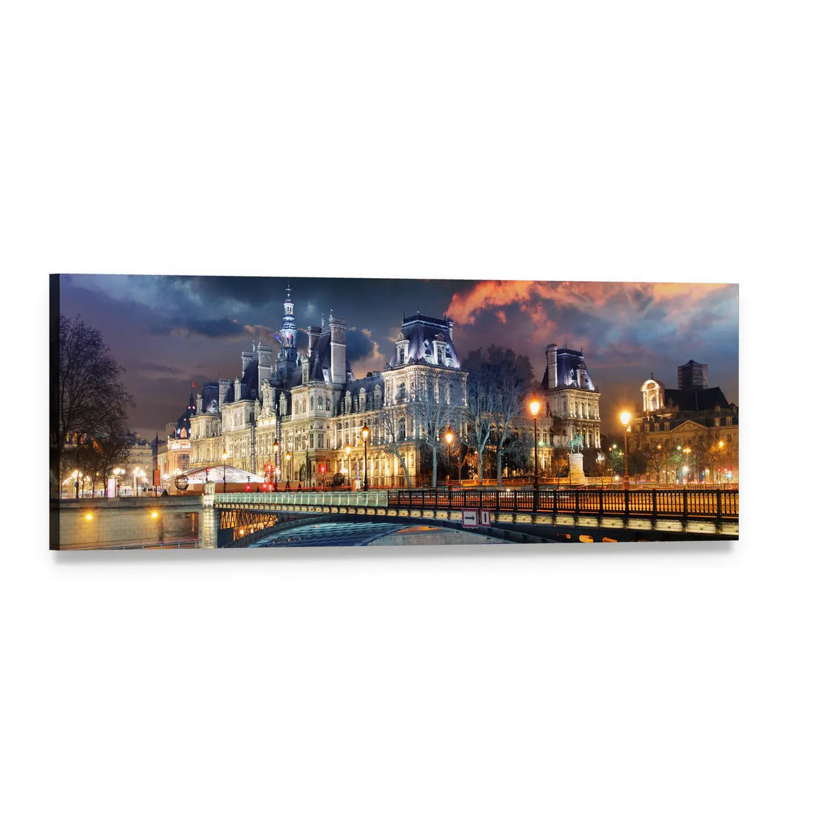 Hotel De Ville Paris at Dusk Panoramic Canvas Wall Art, single panel gallery wrapped canvas, angled product view