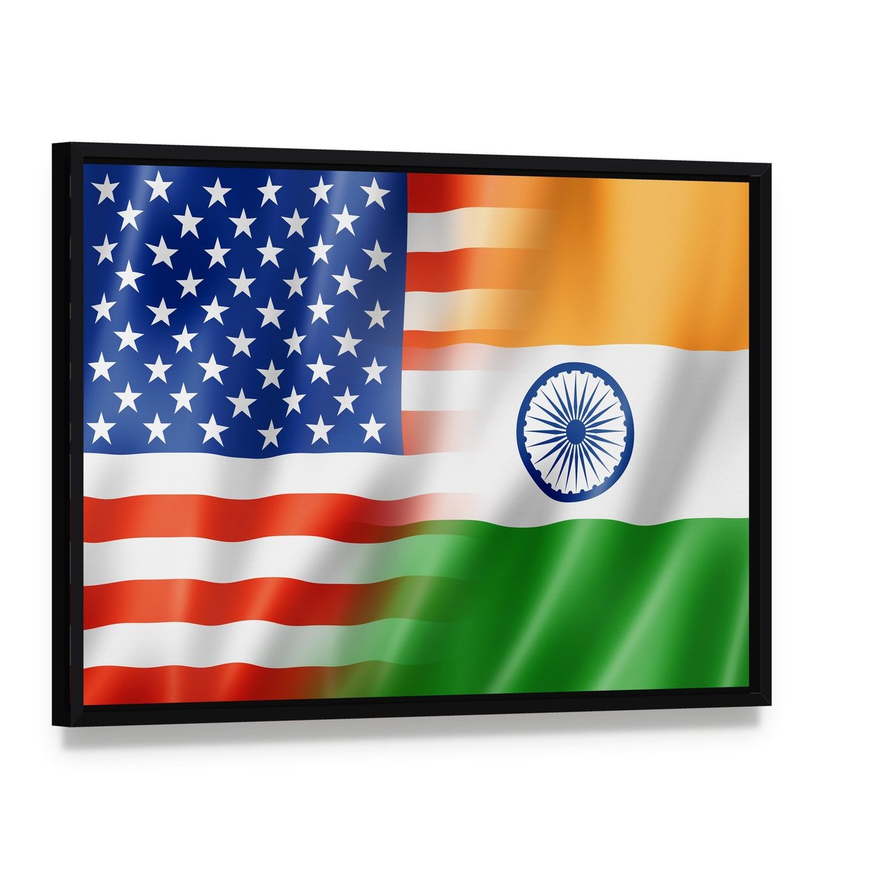 American and Indian Flag Blend Canvas Wall Art, framed canvas in a black floater frame, angled product view