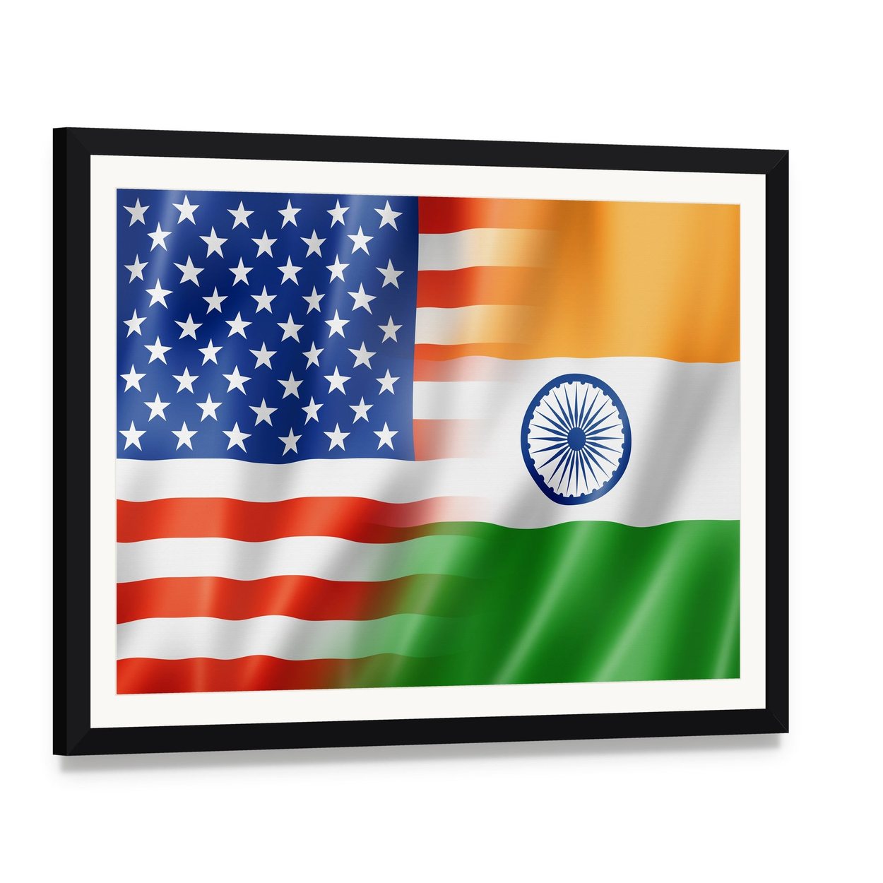American and Indian Flag Blend Canvas Wall Art, framed print with white mat and black frame, angled product view