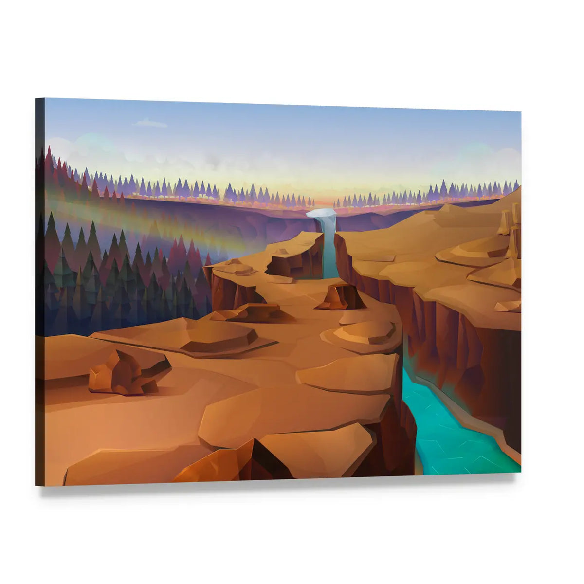 Sunset Canyon Illustration with Vibrant Blue River Canvas Wall Art, single panel gallery wrapped canvas, angled product view