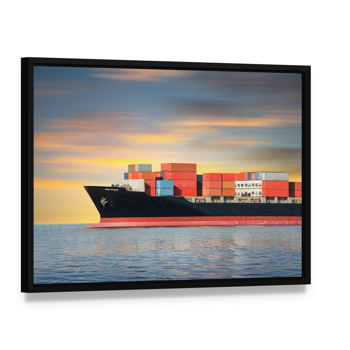 Cargo Ship at Sea Canvas Wall Art, framed canvas in a black floater frame, angled product view