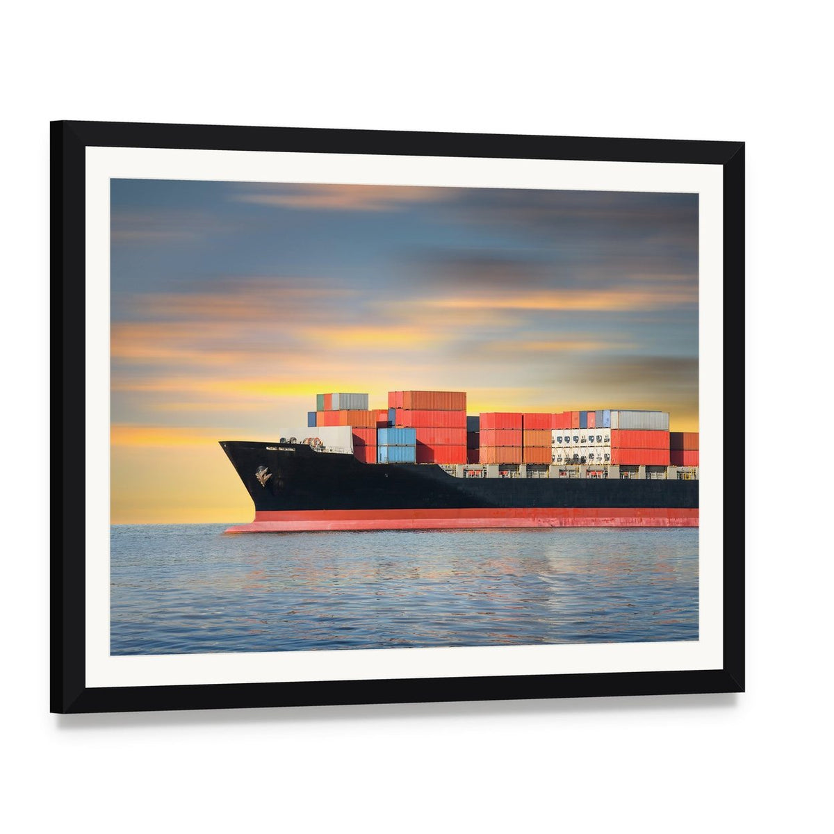 Cargo Ship at Sea Canvas Wall Art, framed print with white mat and black frame, angled product view