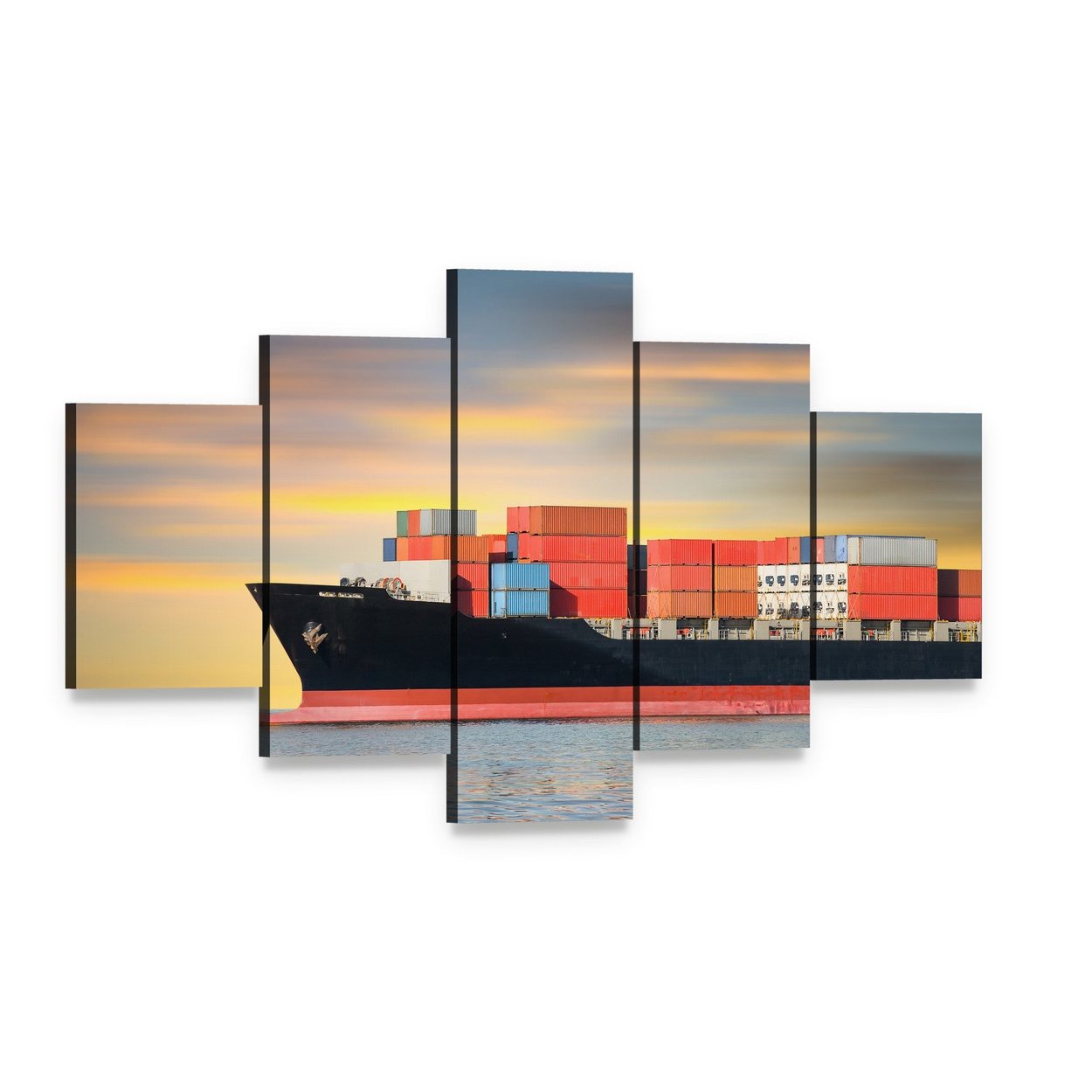 Cargo Ship at Sea Canvas Wall Art, 5 panel 5 Star layout gallery wrapped canvas set, angled product view