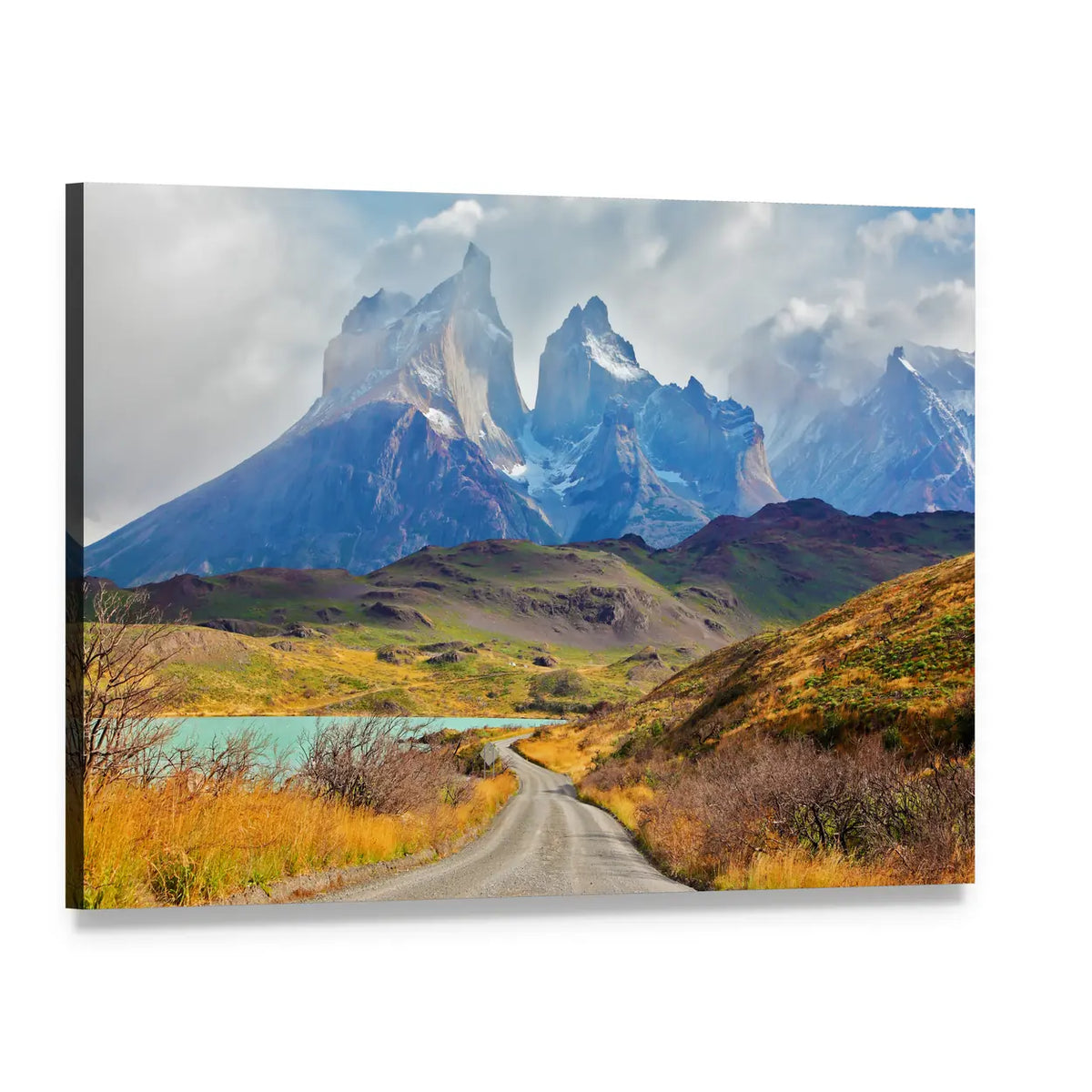 Winding Road to Turquoise Lake and Jagged Peaks Canvas Wall Art, single panel gallery wrapped canvas, angled product view