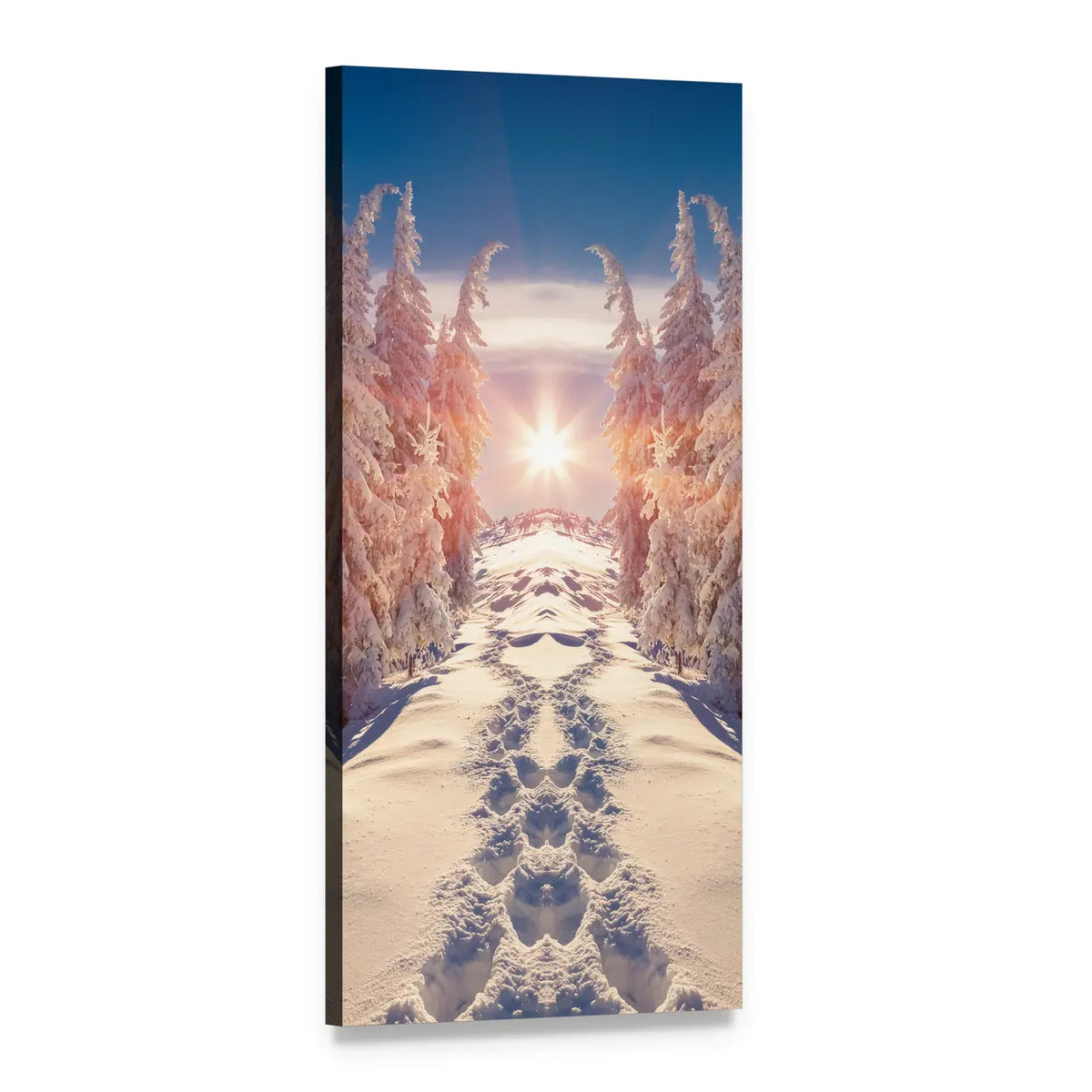 Mirrored Snowy Forest Sunrise Vertical Canvas Wall Art, 1 panel 1 Vertical layout gallery wrapped canvas set, angled product view