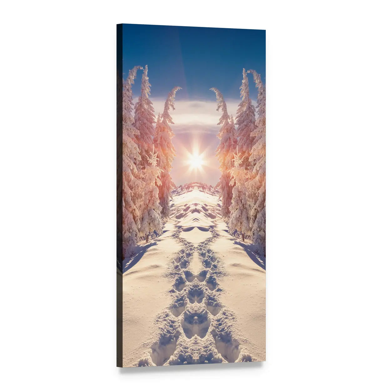 Mirrored Snowy Forest Sunrise Vertical Canvas Wall Art, 1 panel 1 Vertical layout gallery wrapped canvas set, angled product view