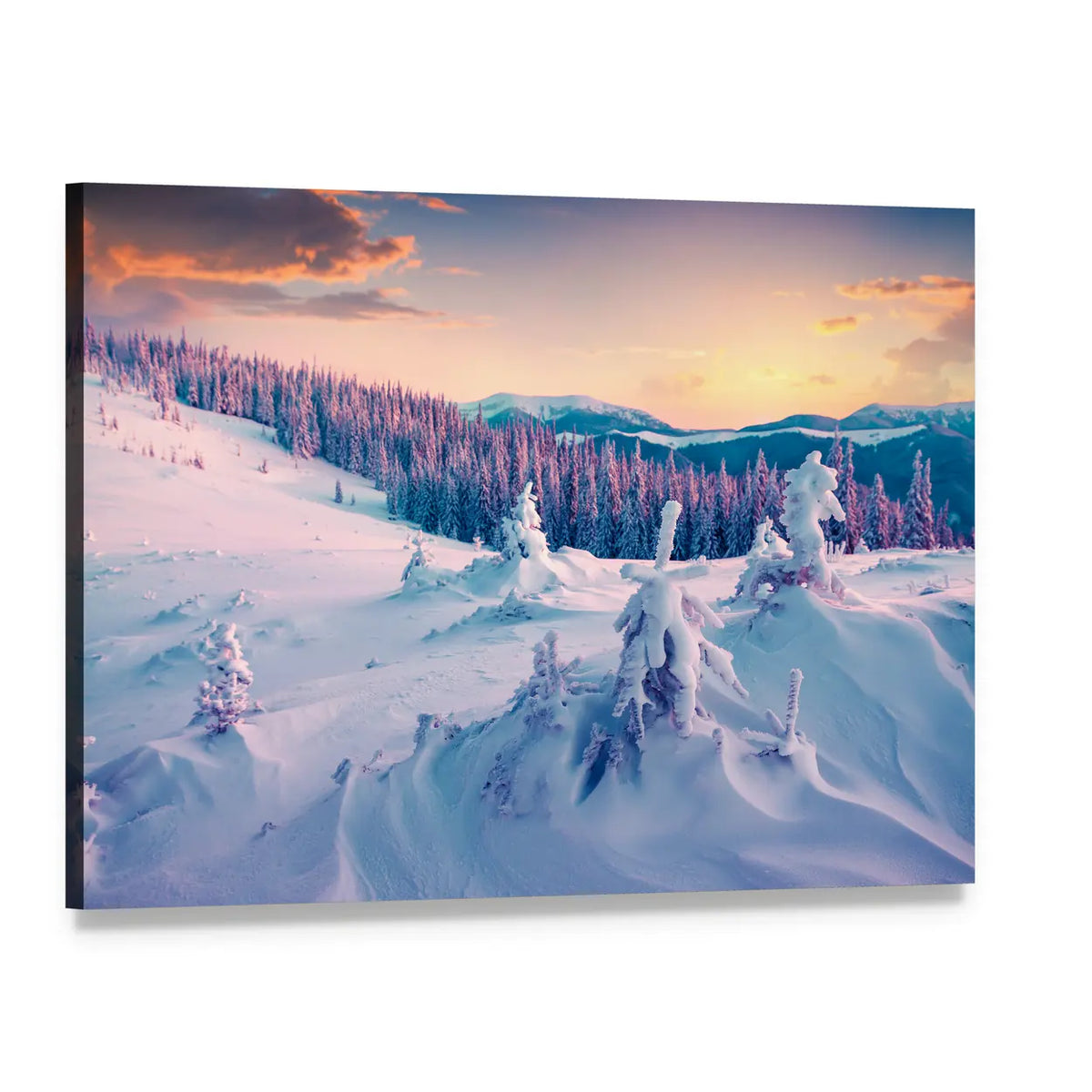 Colorful Winter Sunrise in the Mountains Canvas Wall Art, single panel gallery wrapped canvas, angled product view