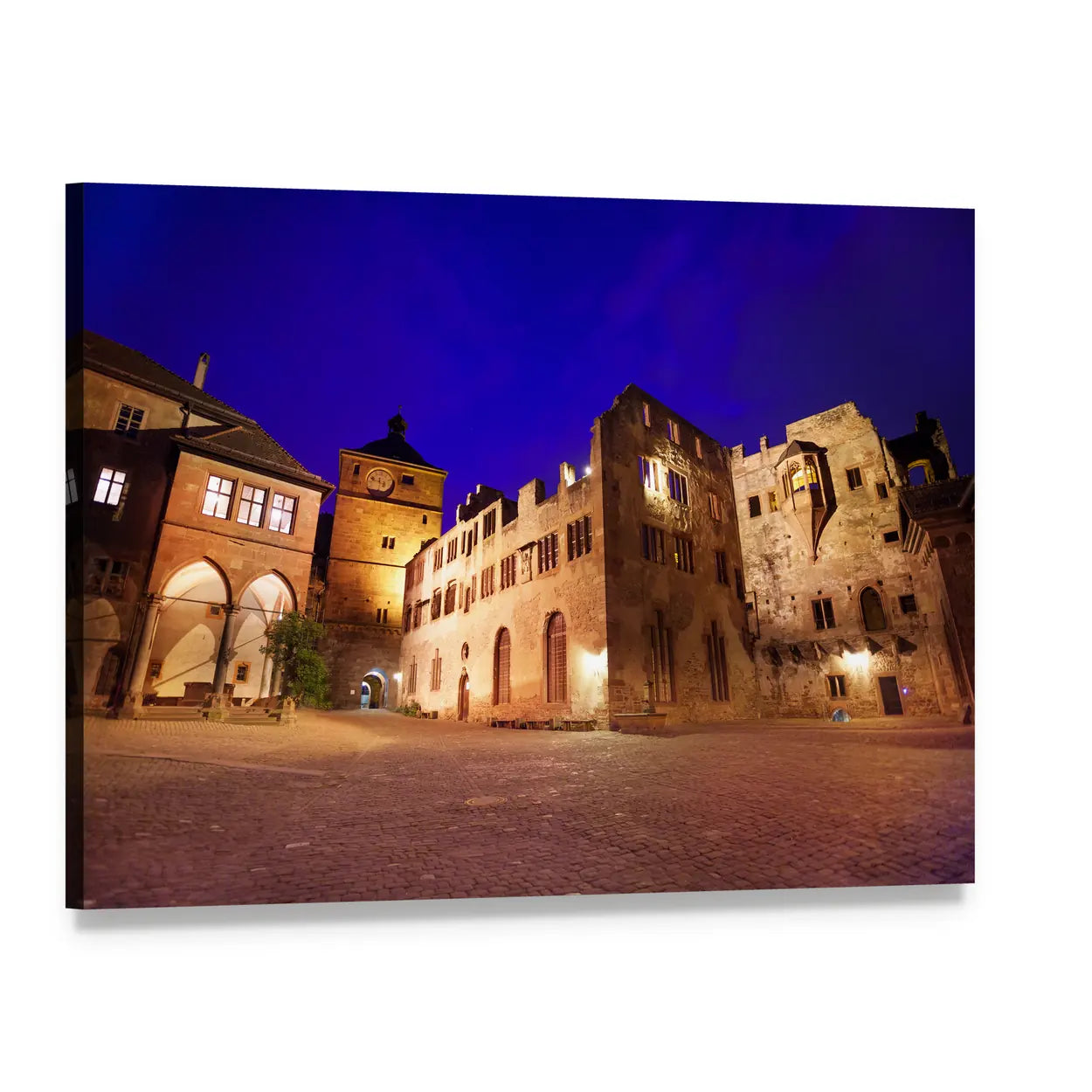 Night at Historic Stone Building and Town Square Canvas Wall Art, single panel gallery wrapped canvas, angled product view