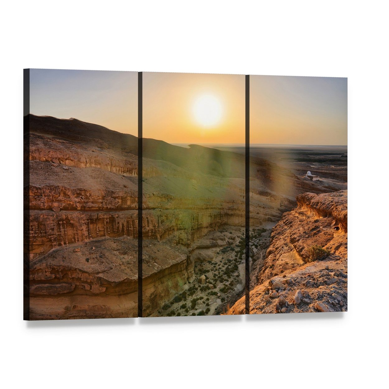 Sunrise Over Desert Canyon Canvas Wall Art, 3 panel 3 Horizontal layout gallery wrapped canvas set, angled product view