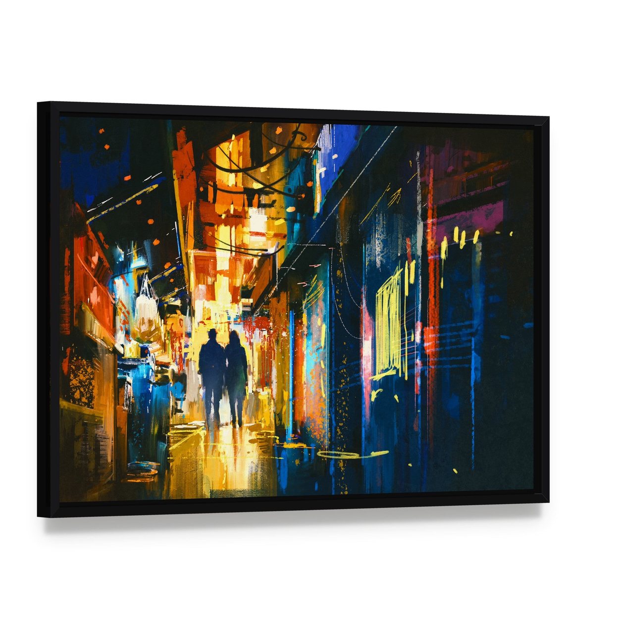 Couple Walking in Alley Canvas Wall Art, framed canvas in a black floater frame, angled product view