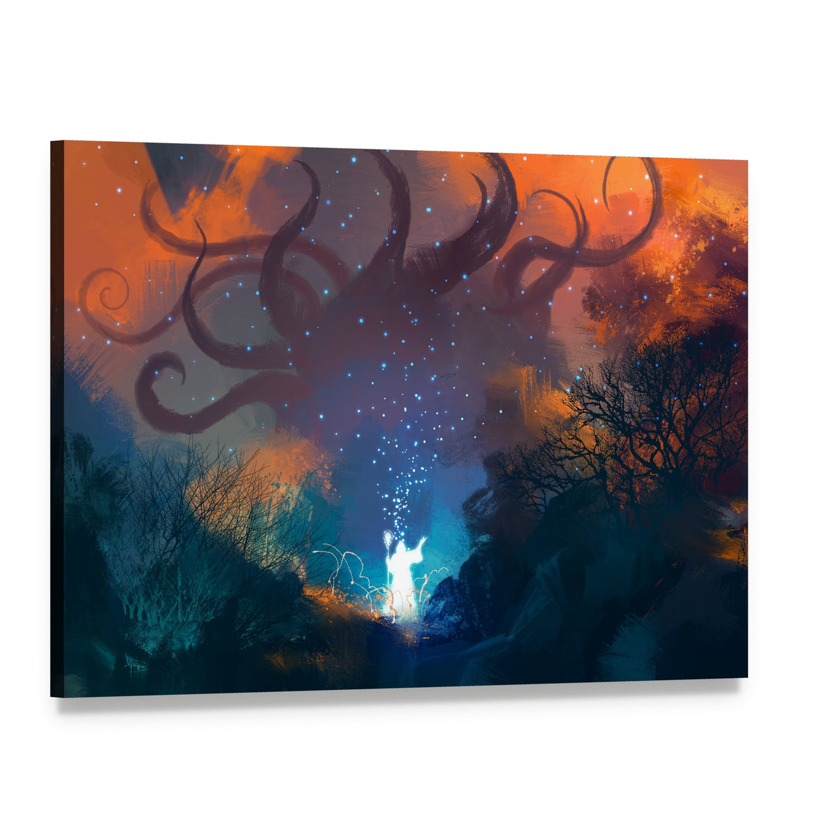 Glowing Figure and Tentacles in Night Forest Canvas Wall Art, single panel gallery wrapped canvas, angled product view