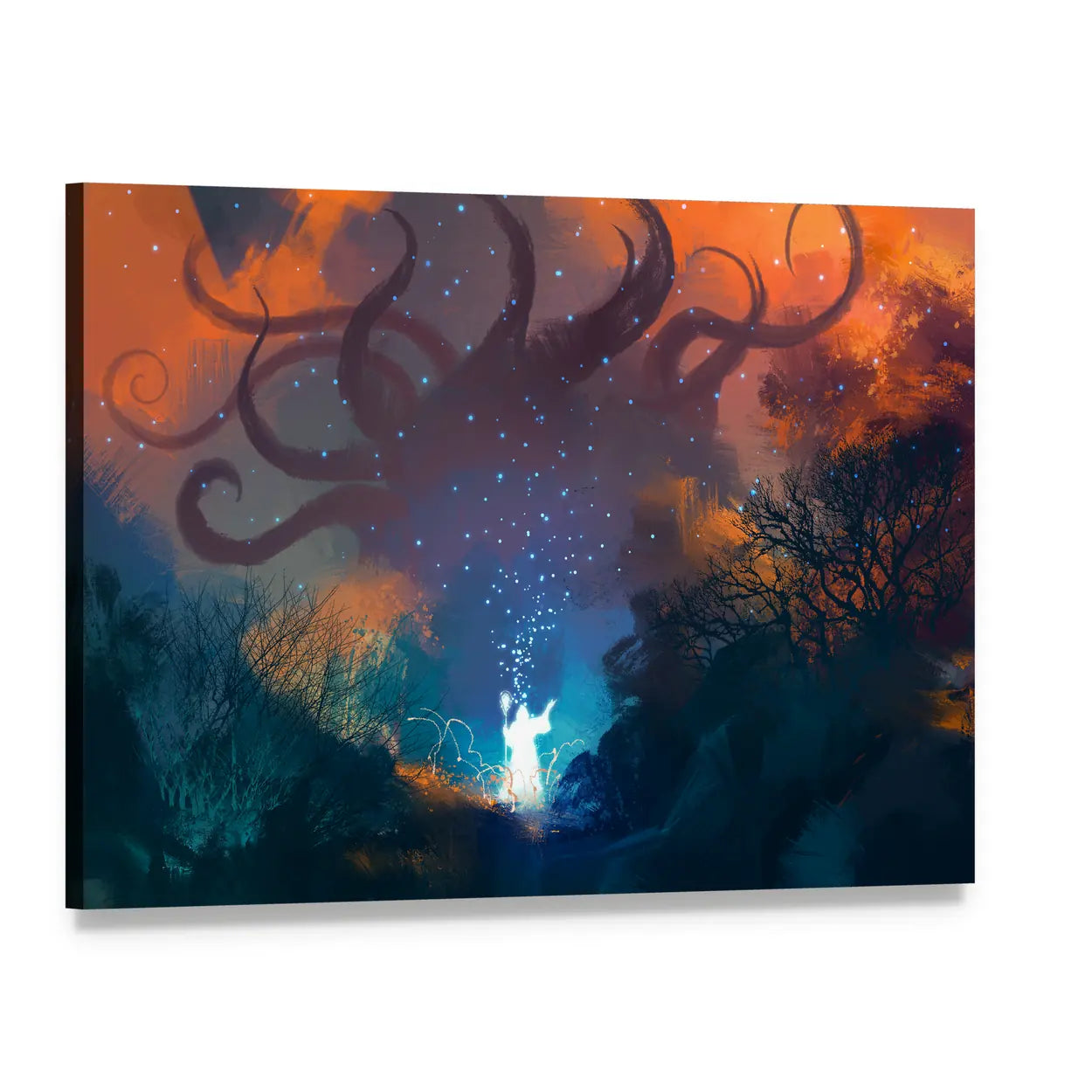 Glowing Wizard Summoning a Ghostly Demon Canvas Wall Art, single panel gallery wrapped canvas, angled product view