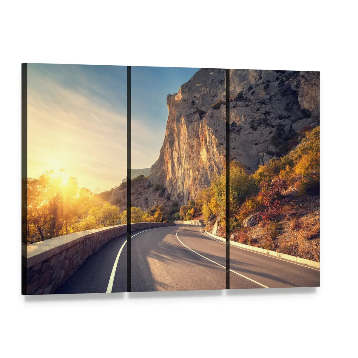 Curving Mountain Road in Autumn Sun Canvas Wall Art, 3 panel 3 Horizontal layout gallery wrapped canvas set, angled product view