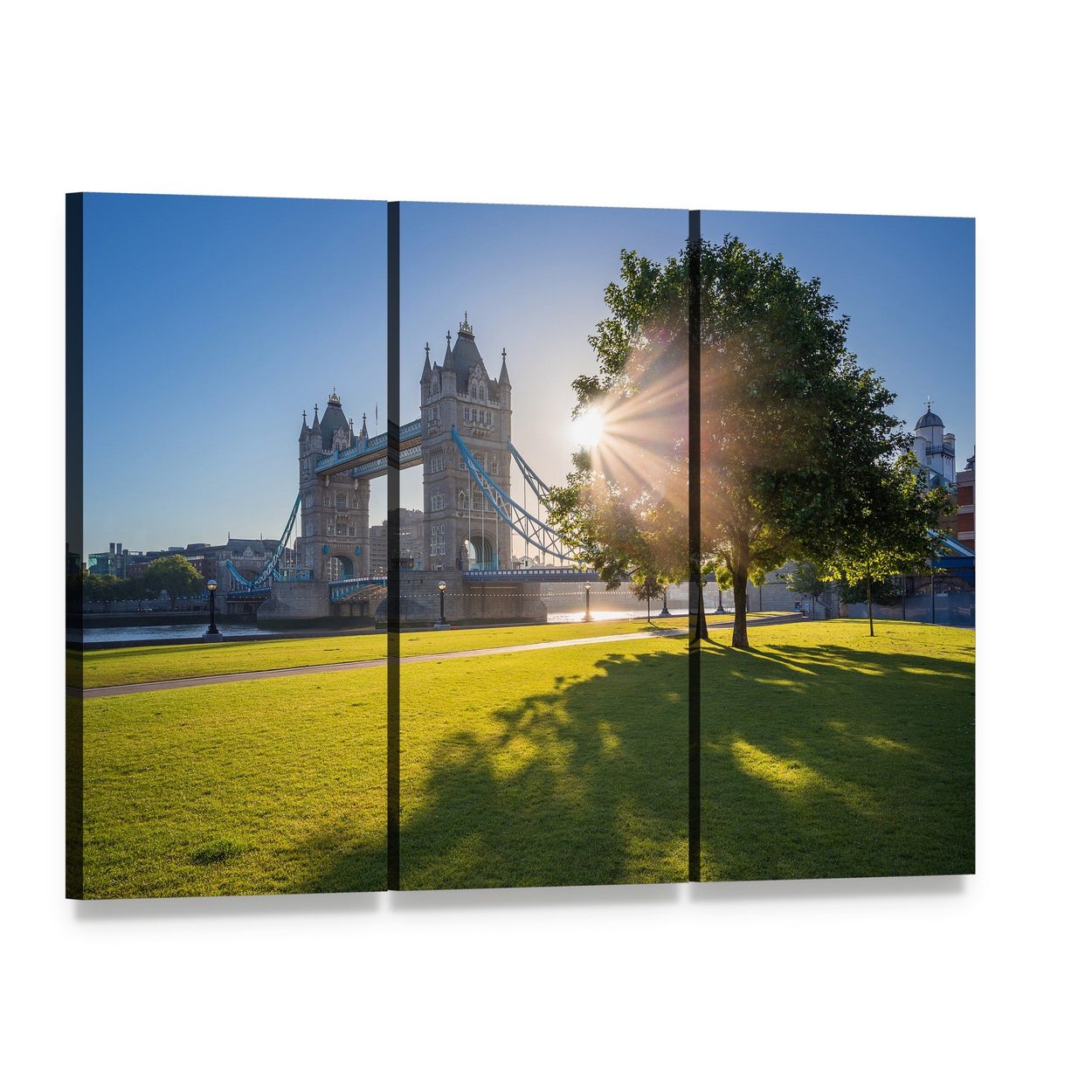 Sunrise Over Tower Bridge Canvas Wall Art, 3 panel 3 Horizontal layout gallery wrapped canvas set, angled product view