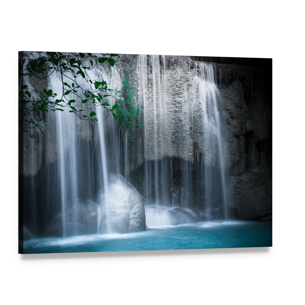 Erawan Cascade Waterfall Thailand Canvas Wall Art, single panel gallery wrapped canvas, angled product view