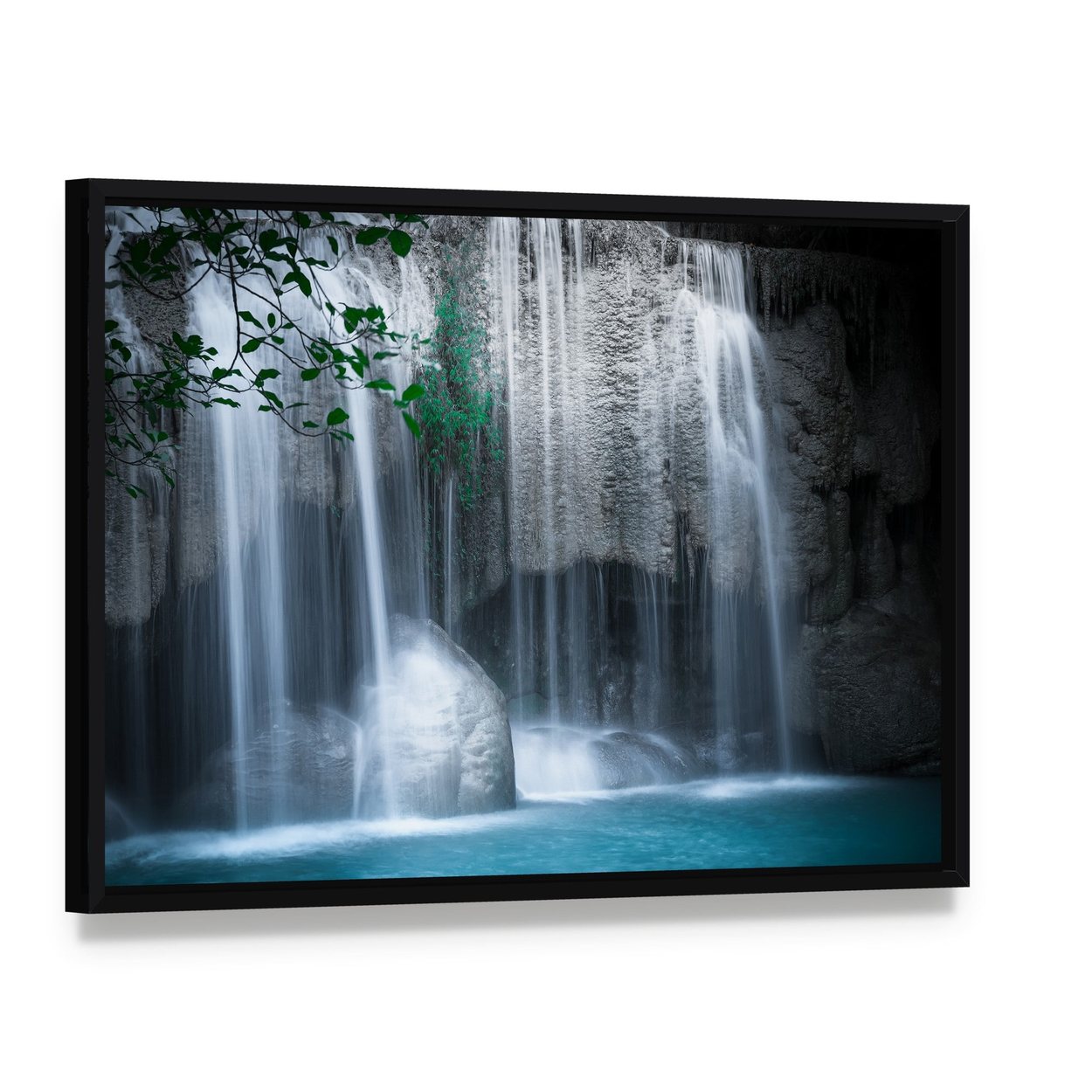 Erawan Cascade Waterfall Thailand Canvas Wall Art, framed canvas in a black floater frame, angled product view