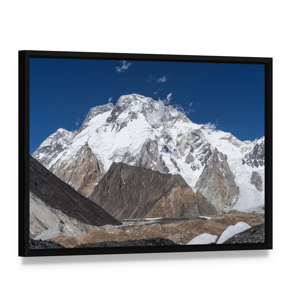 K2 Trek Mountain Landscape Canvas Wall Art, framed canvas in a black floater frame, angled product view