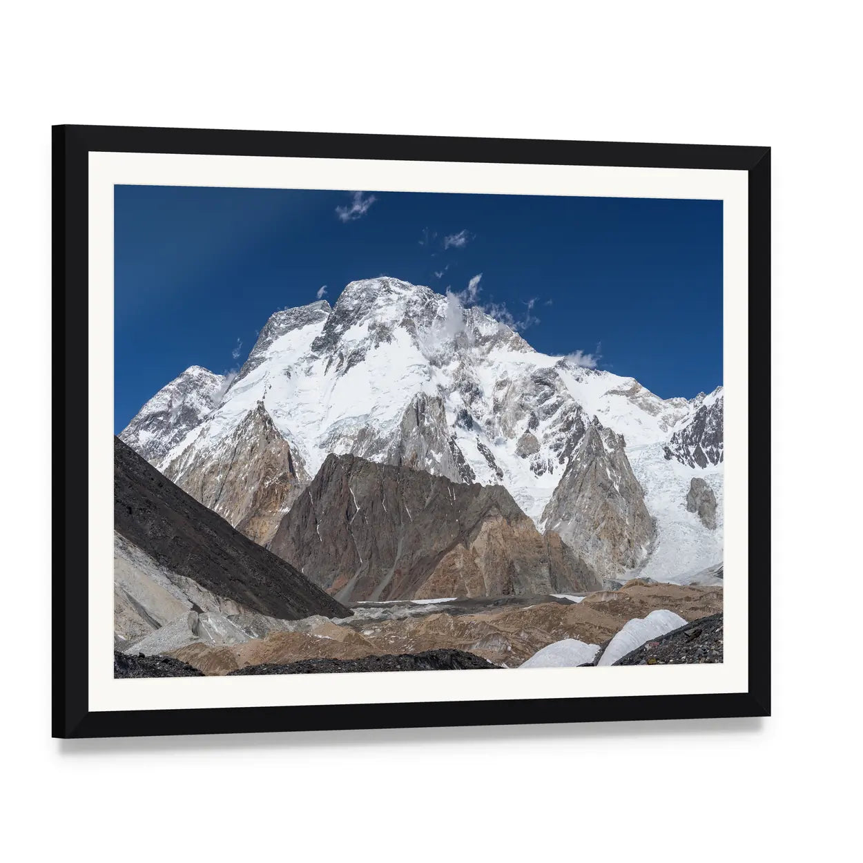 K2 Trek Mountain Landscape Canvas Wall Art, framed print with white mat and black frame, angled product view