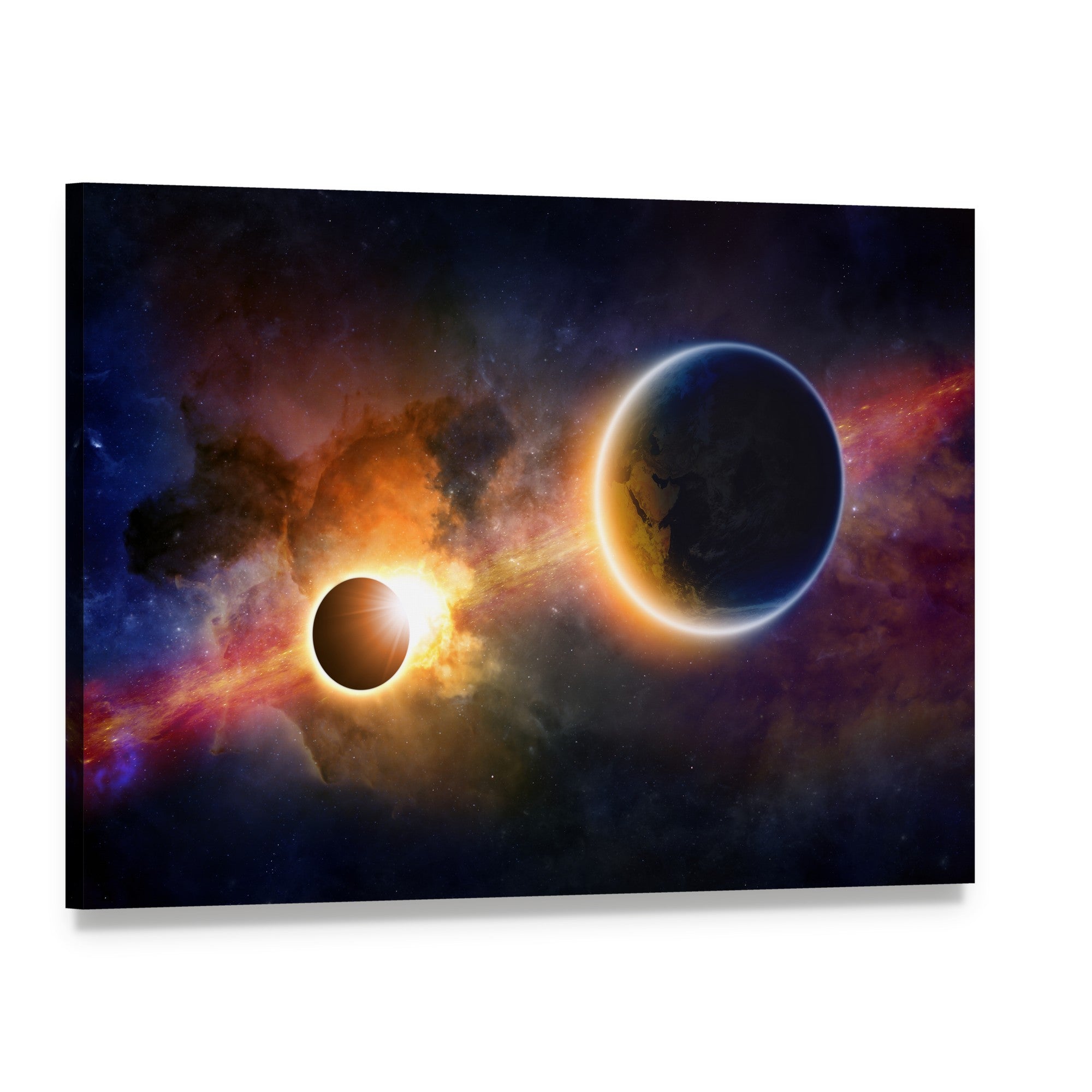 Glowing Planet Earth in Space Canvas Wall Art, single panel gallery wrapped canvas, angled product view
