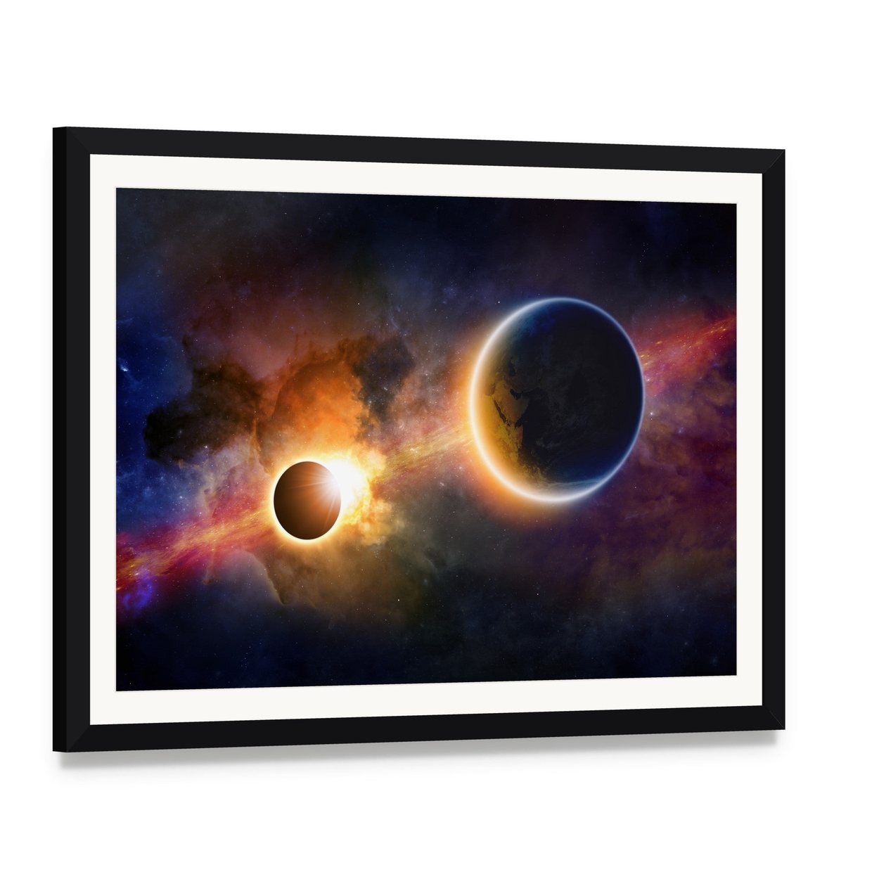Glowing Planet Earth in Space Canvas Wall Art, framed print with white mat and black frame, angled product view