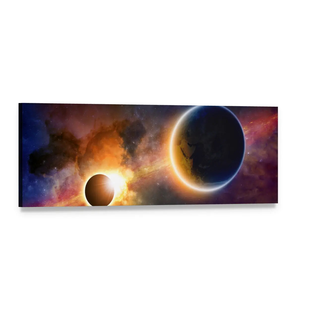 Glowing Earth and Crescent-rim Planet Panoramic Canvas Wall Art, single panel gallery wrapped canvas, angled product view