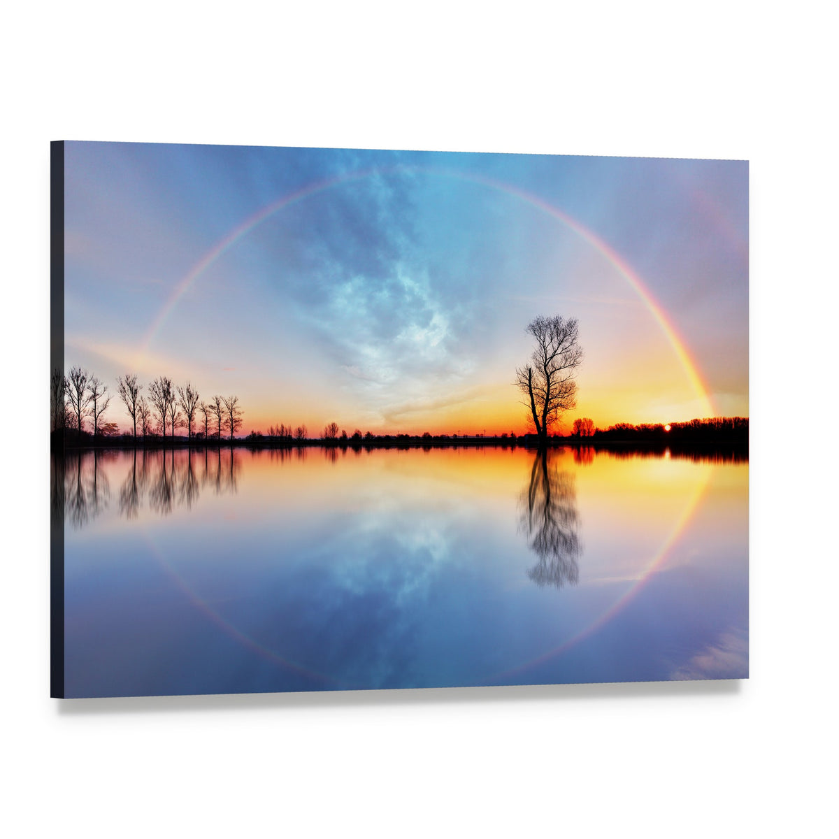 Rainbow Over Trees on Lake Sunrise Canvas Wall Art, single panel gallery wrapped canvas, angled product view