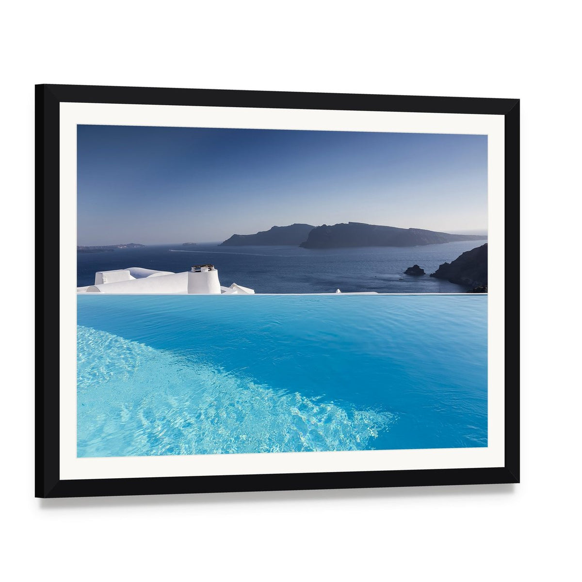 Infinity Pool at Luxury Resort Overlooking Ocean Canvas Wall Art, framed print with white mat and black frame, angled product view