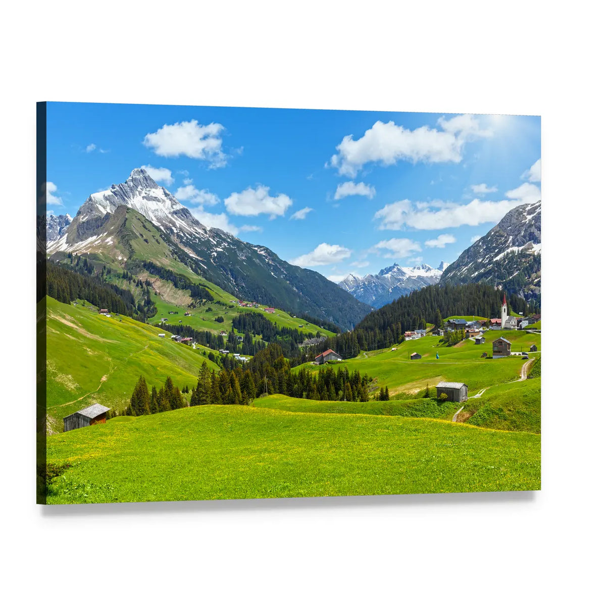 Summer Mountain Meadow with Snow-capped Peaks Canvas Wall Art, single panel gallery wrapped canvas, angled product view