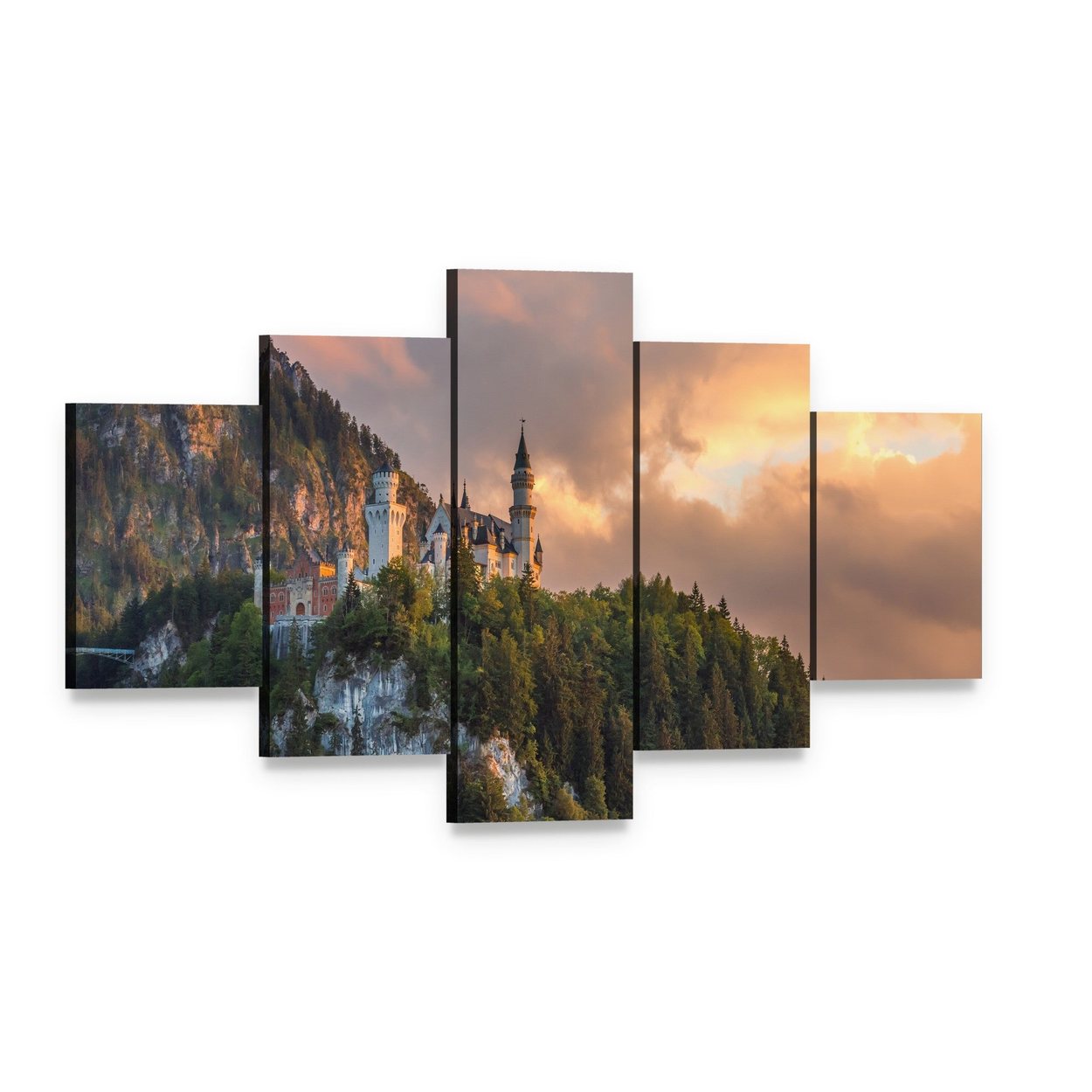 Neuschwanstein Castle at Sunset, Germany Canvas Wall Art, 5 panel 5 Star layout gallery wrapped canvas set, angled product view