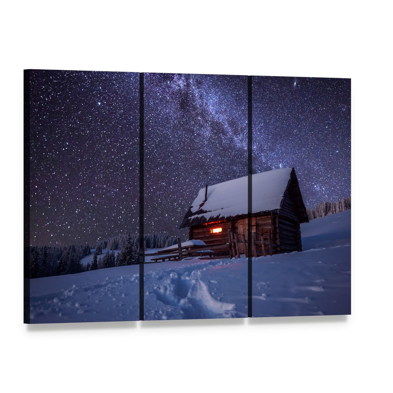 Log Cabin Under Starry Winter Sky Canvas Wall Art, 3 panel 3 Horizontal layout gallery wrapped canvas set, angled product view