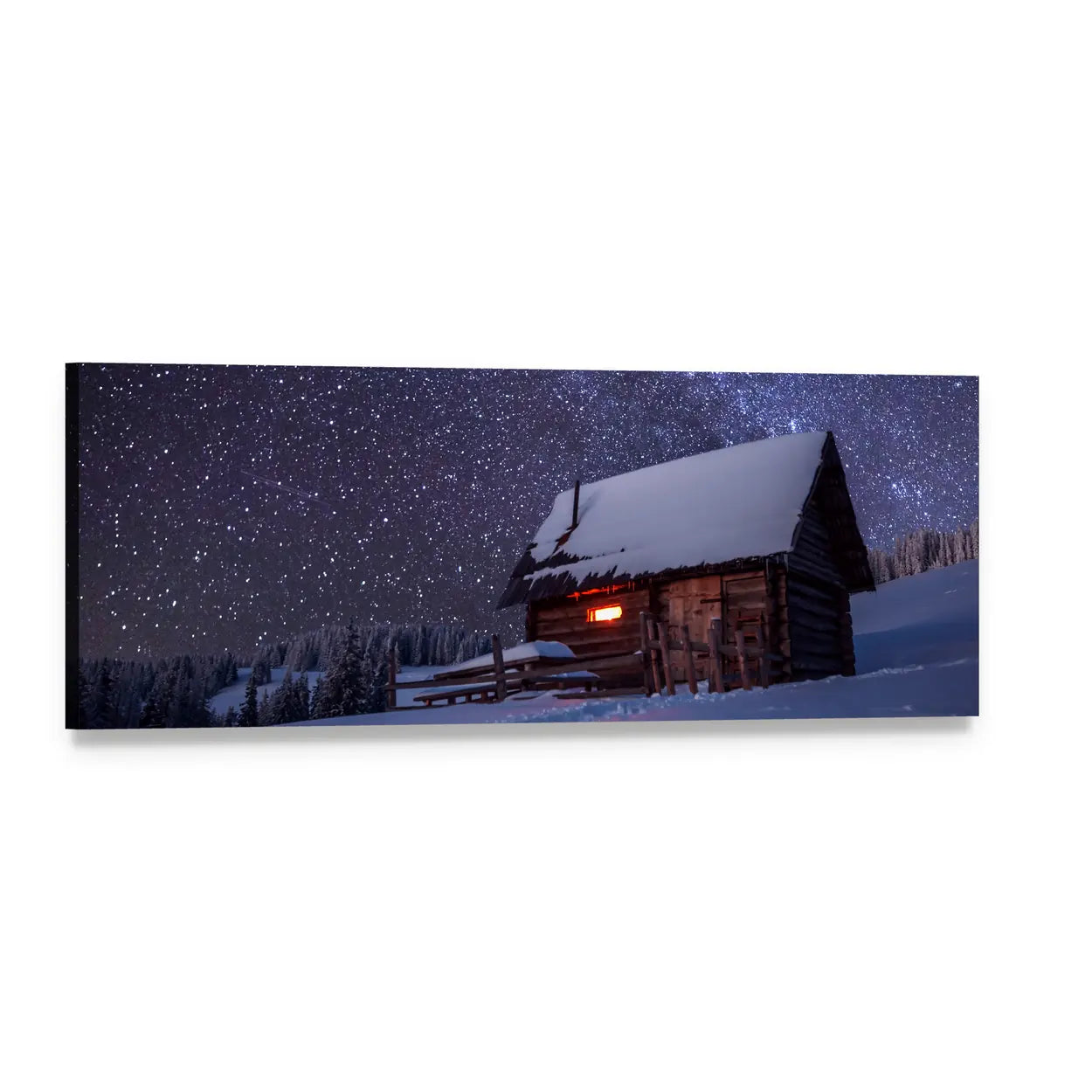 Wooden Cabin in Winter Forest Panoramic Canvas Wall Art, single panel gallery wrapped canvas, angled product view