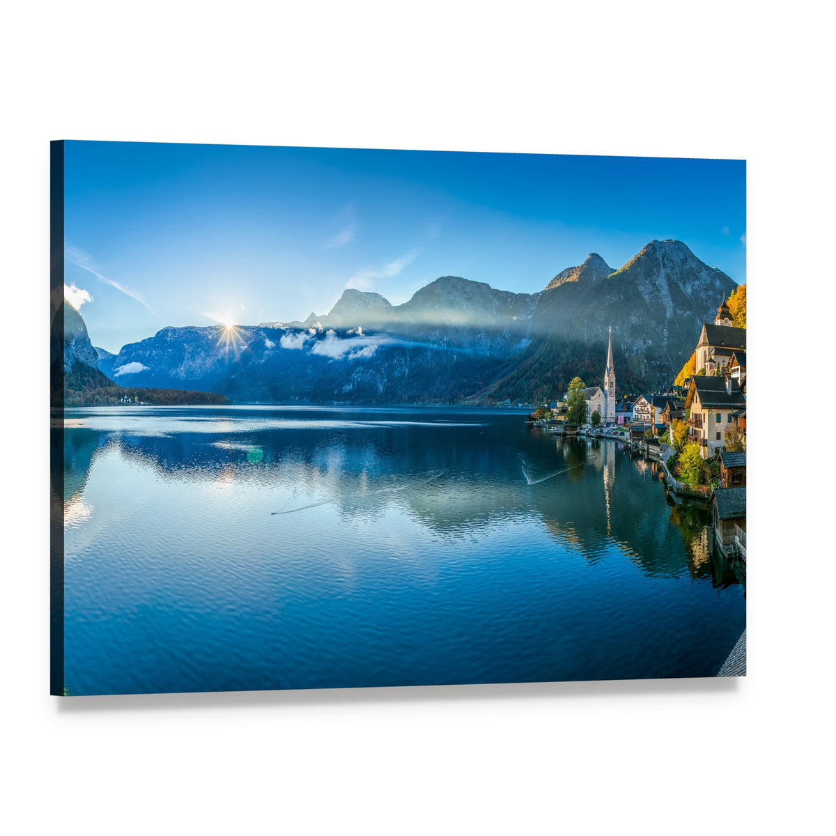 Hallstatt Mountain Village Canvas Wall Art, single panel gallery wrapped canvas, angled product view