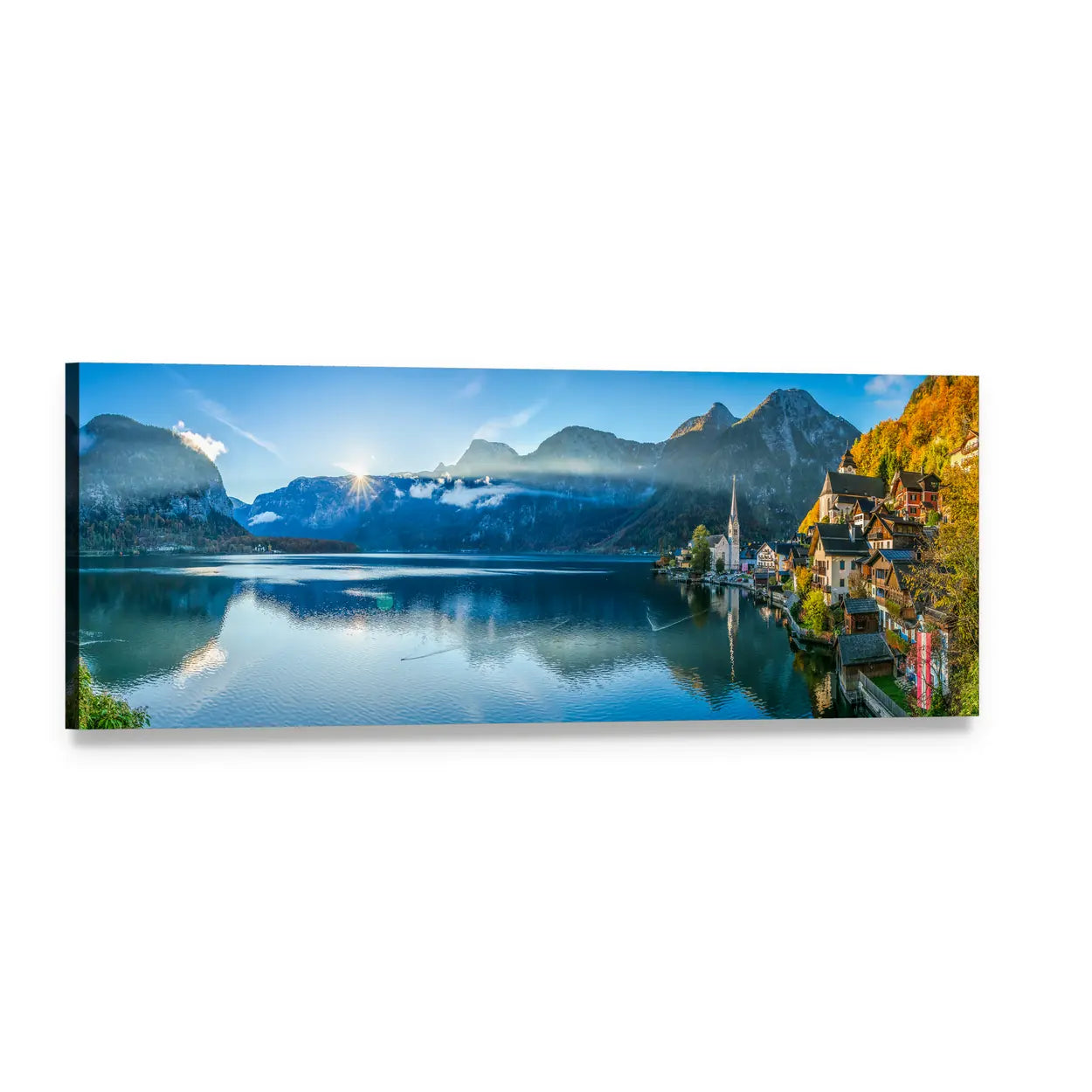 Hallstatt Lakeside Village at Sunrise Panoramic Canvas Wall Art, single panel gallery wrapped canvas, angled product view