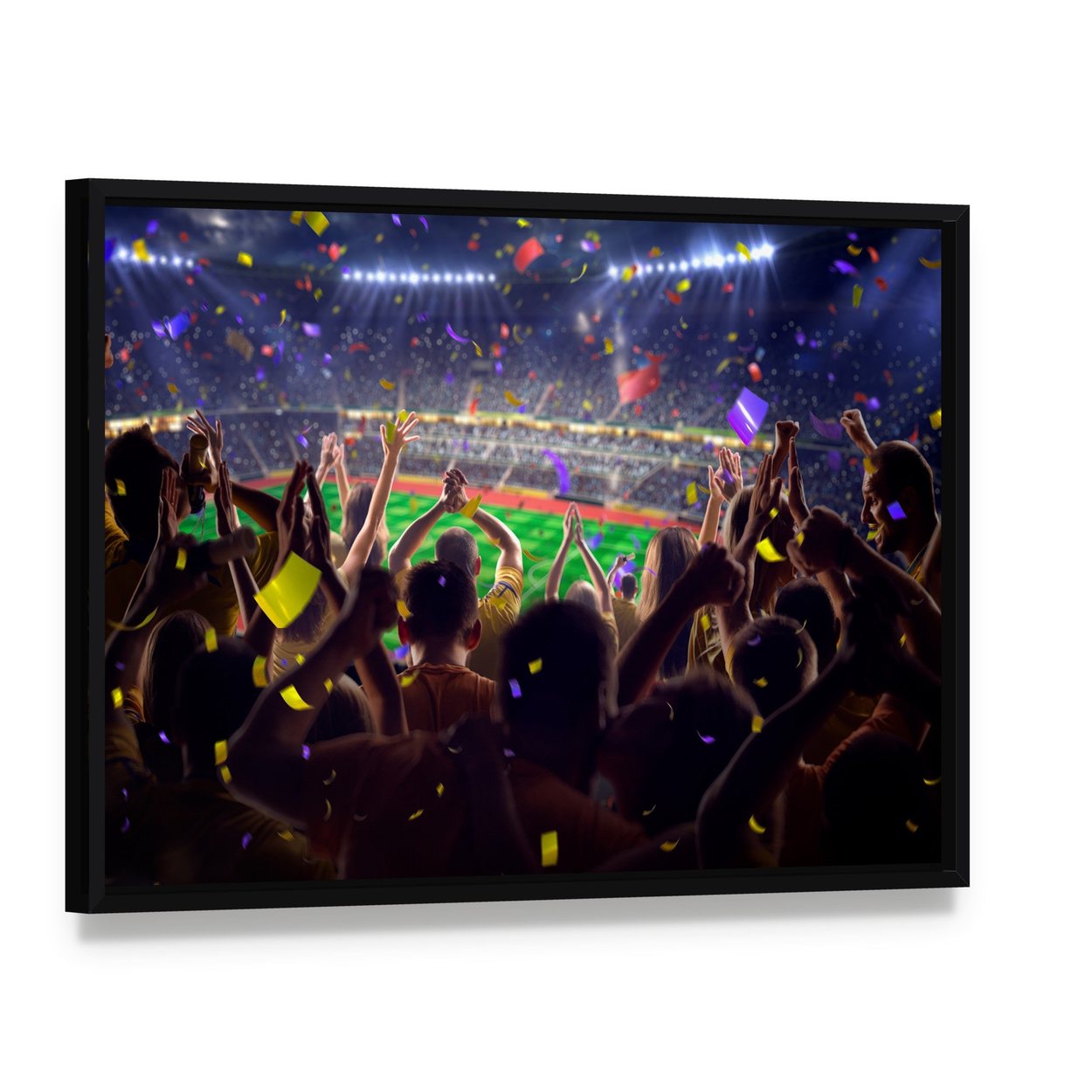 Stadium Soccer Game Celebration with Confetti Canvas Wall Art, framed canvas in a black floater frame, angled product view