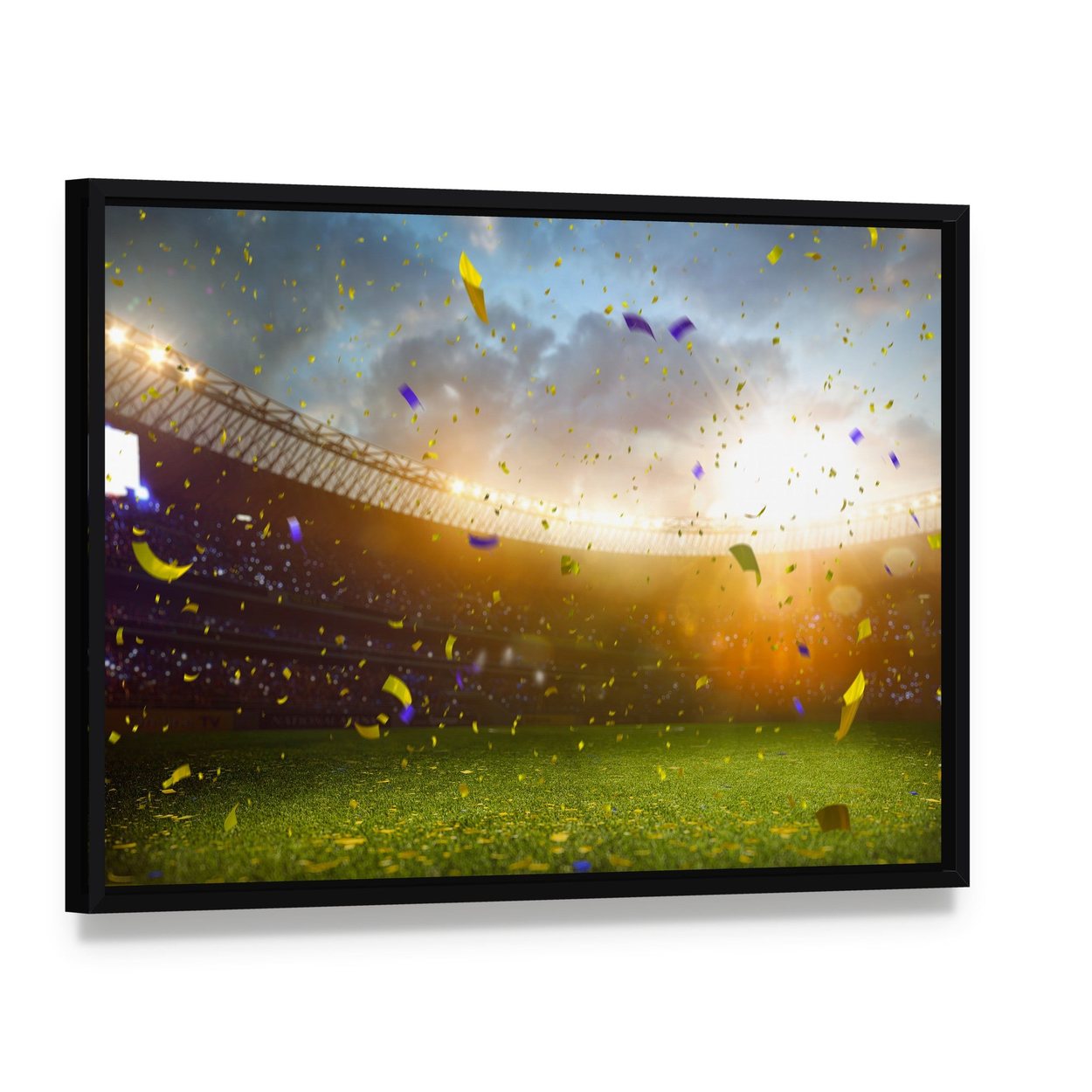 Celebration in Soccer Stadium Canvas Wall Art, framed canvas in a black floater frame, angled product view