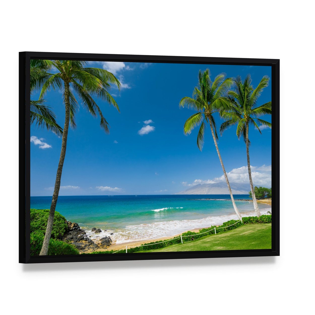 Tropical Beach with Palm Trees Canvas Wall Art, framed canvas in a black floater frame, angled product view