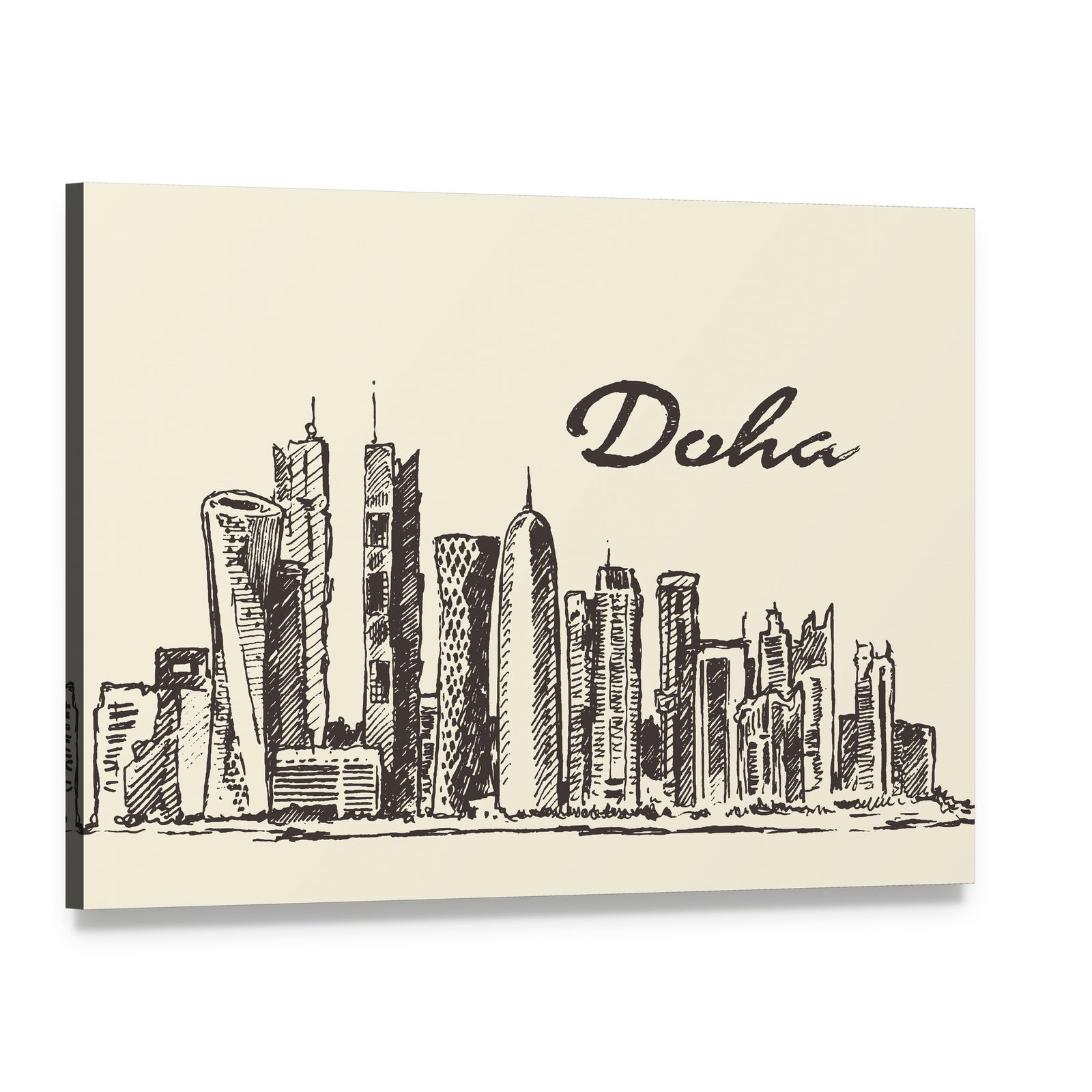 Doha Skyline Sketch Canvas Wall Art, single panel gallery wrapped canvas, angled product view