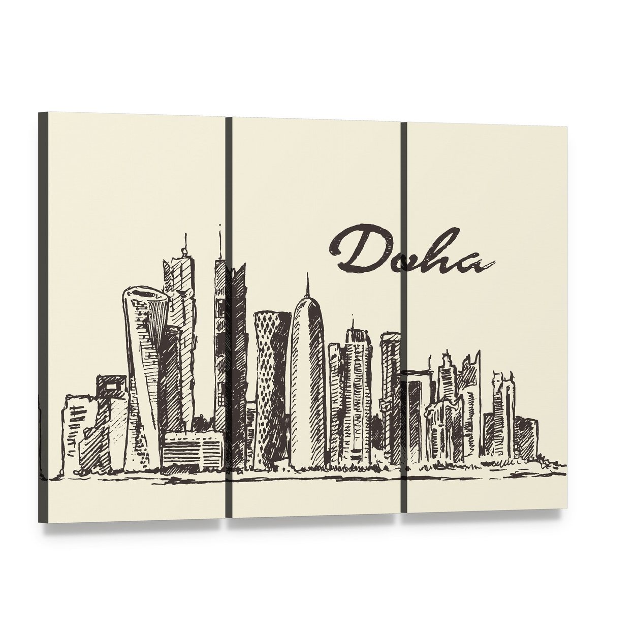 Doha Skyline Sketch Canvas Wall Art, 3 panel 3 Horizontal layout gallery wrapped canvas set, angled product view