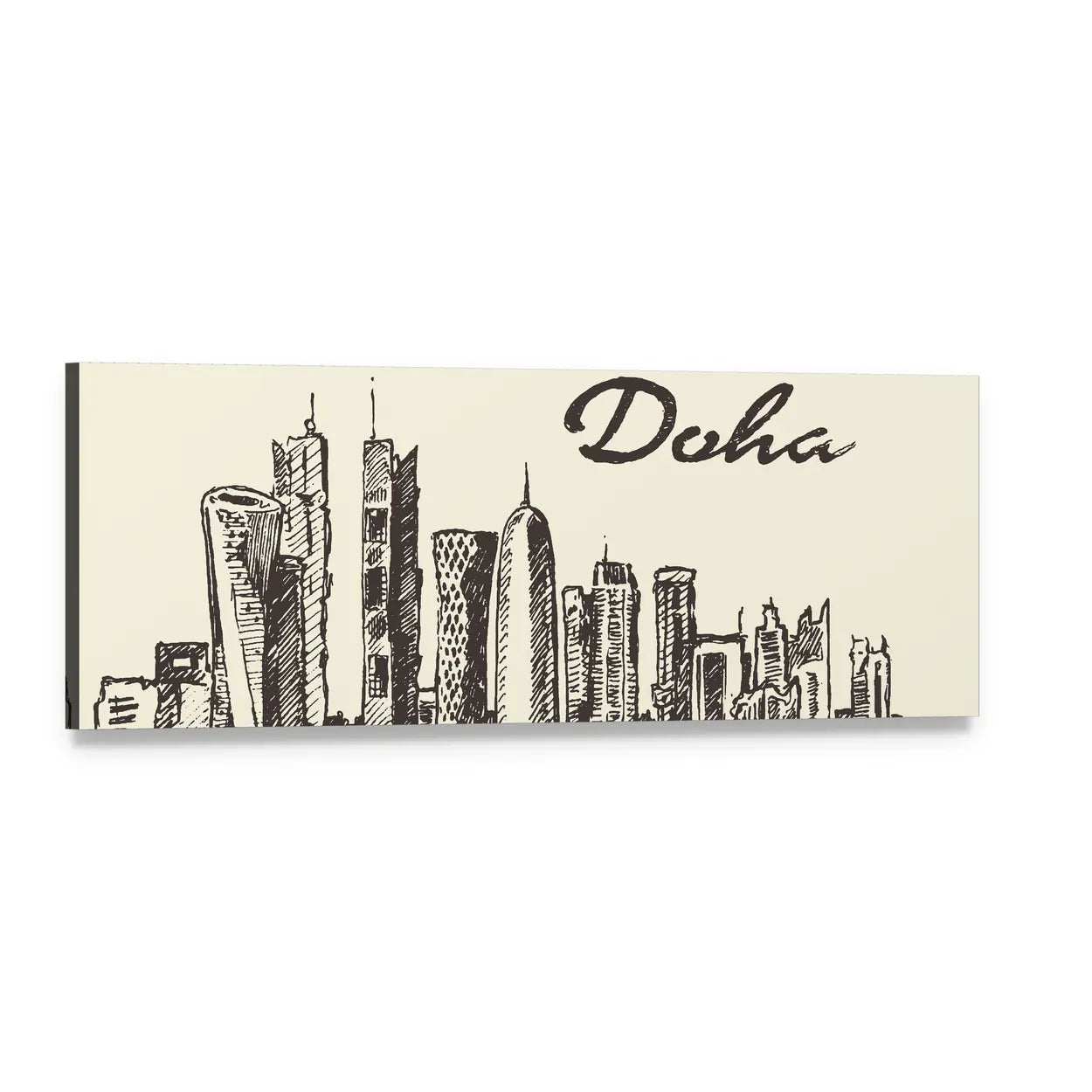 Doha Skyline Sketch Panoramic Canvas Wall Art, single panel gallery wrapped canvas, angled product view