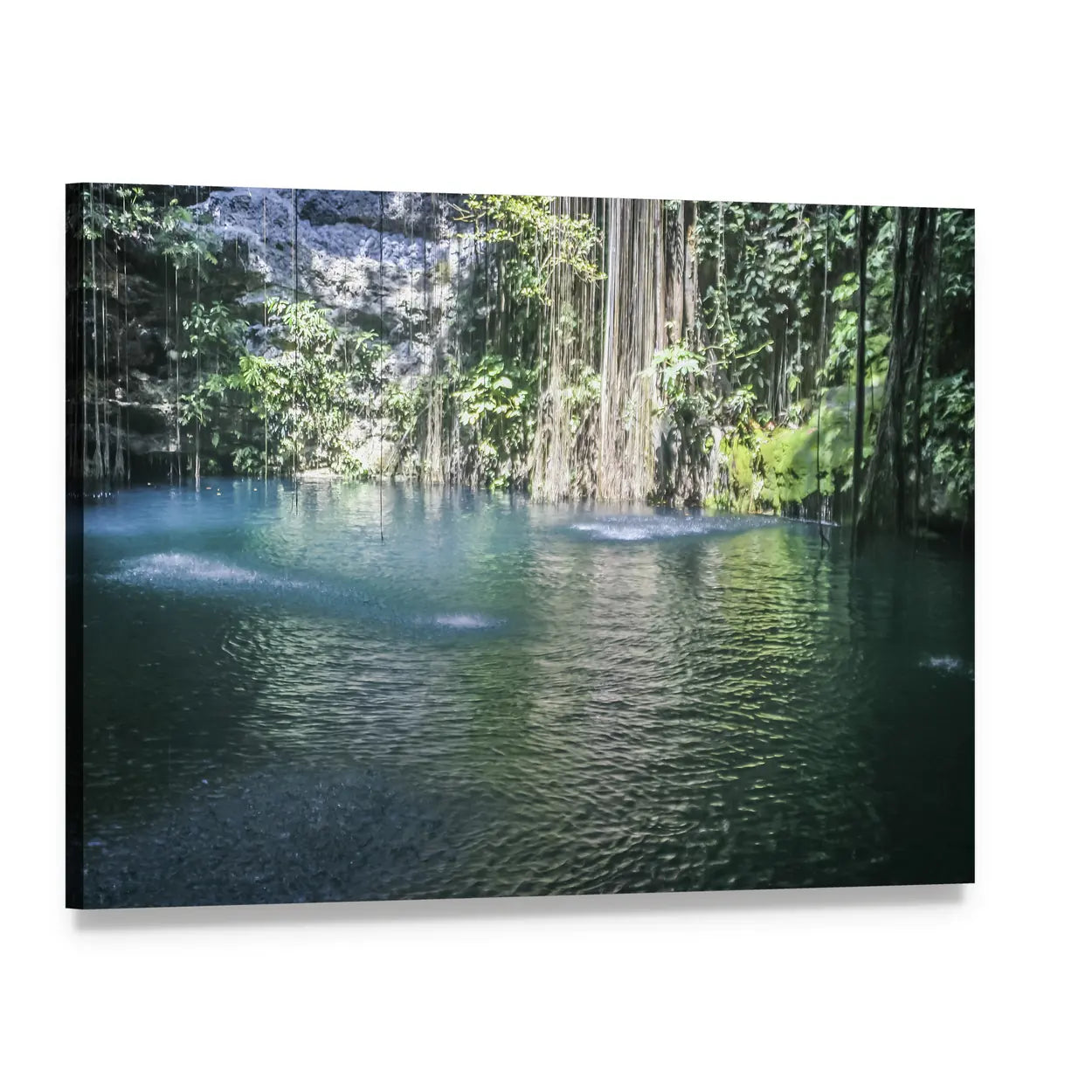 Sunlit Cenote with Hanging Vines Canvas Wall Art, single panel gallery wrapped canvas, angled product view