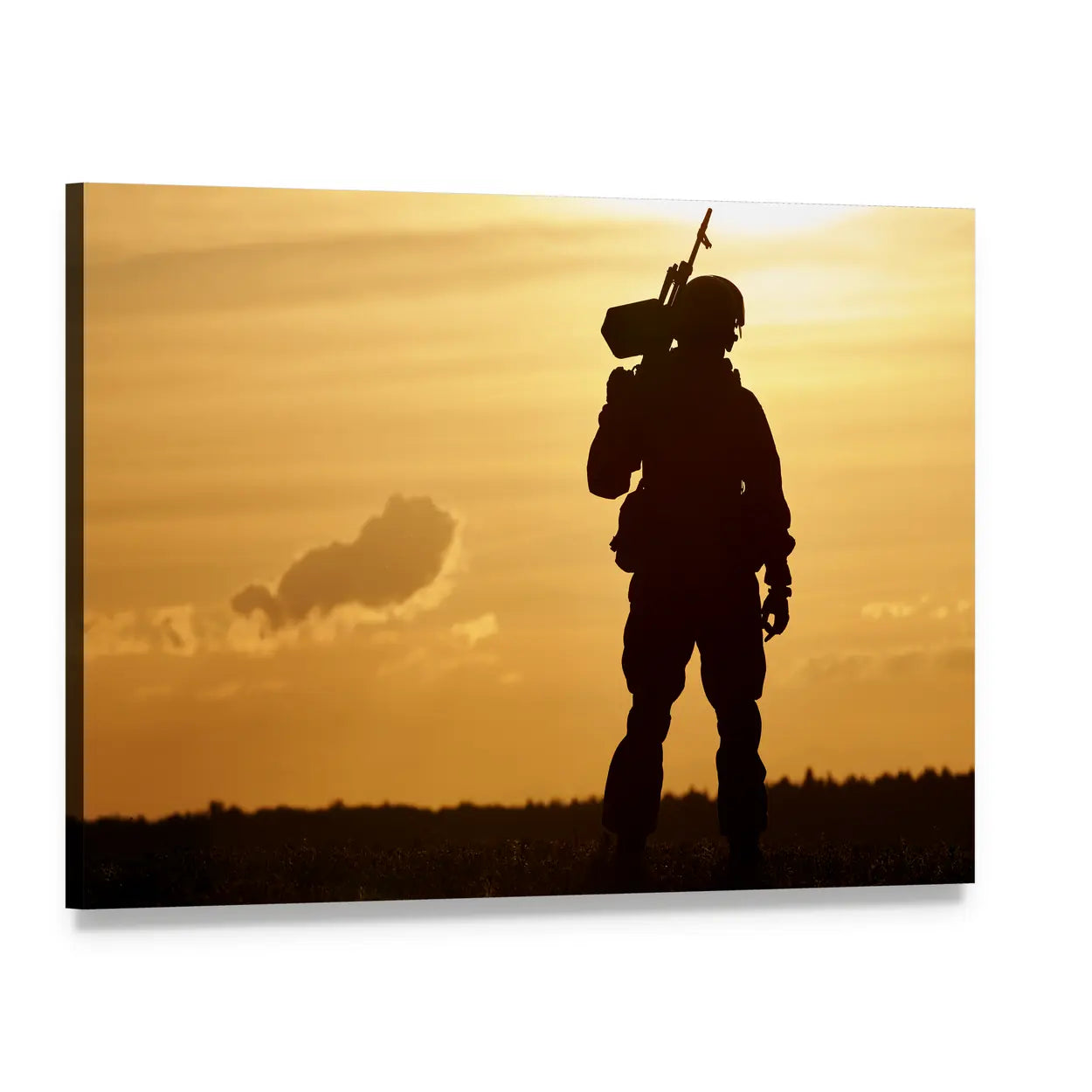 Soldier Silhouette with Machine Gun at Sunset Canvas Wall Art, single panel gallery wrapped canvas, angled product view