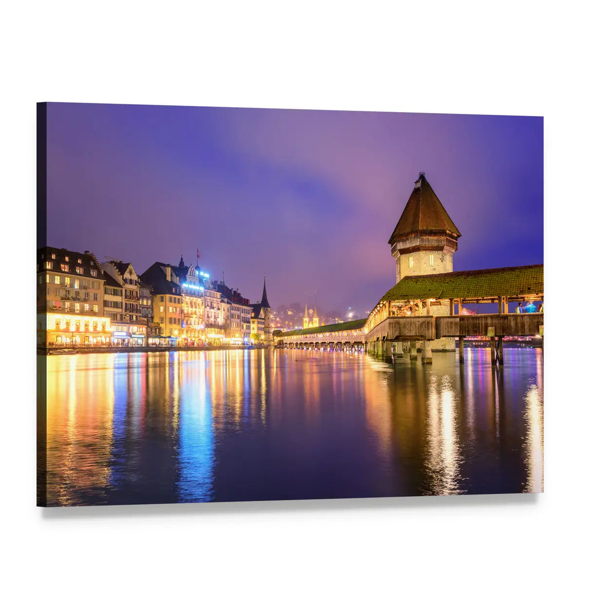 Chapel Bridge at Night, Lucerne Canvas Wall Art, single panel gallery wrapped canvas, angled product view